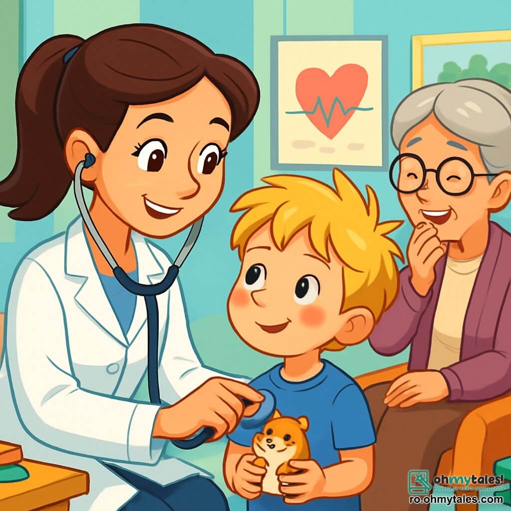 O femeie medic, doctora Ana, zâmbitoare și binevoitoare, poartă un halat alb strălucitor și un stetoscop suspendat în jurul gâtului. Părul ei castaniu este prins într-o coadă de cal îngrijită, iar ochii ei strălucesc de compasiune în timp ce examinează un băiețel. Băiețelul, în vârstă de 7 ani, are părul blond în dezordine și un nas roșu, privindu-o pe doctora cu curiozitate, ținând în mâini o jucărie în formă de hamster. Lângă ei, o bunică cu fața ridată și blândă, purtând ochelari rotunzi, tușește ușor, așezată pe un scaun confortabil, cu un zâmbet liniștitor. Scena se desfășoară într-o clinică luminoasă și colorată, cu pereți vopsiți în albastru pastel și afișe vesele despre sănătate. Jucării și cărți sunt împrăștiate în sala de așteptare, creând o atmosferă primitoare. Situația principală o arată pe doctora Ana ascultând inima băiețelului cu stetoscopul, în timp ce el zâmbește, liniștit de prezența ei prietenoasă.