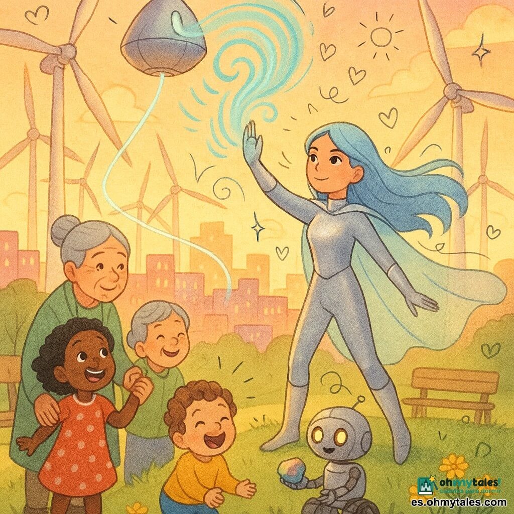 Brisa Relámpago, heroína sonriente y decidida con largo cabello azul cielo al viento y traje plateado brillante con botas a rayas amarillas y capa semitransparente, levanta la mano derecha y dirige ráfagas de viento visibles como remolinos turquesa; en primer plano una niña de unos 6 años con vestido rojo de lunares sujeta la mano de su abuela, que ronda los 70, cabello gris en moño y abrigo verde claro, protegiendo contra su pecho a un niño de 3 años de rizos castaños que ríe mientras mira un pequeño robot explorador de metal cepillado con ojos LED amarillos y pata articulada, posado sobre una colina de hierba que ofrece una piedra multicolor a Brisa; escenario: parque eólico en las afueras de la ciudad con grandes aerogeneradores blancos, césped con flores amarillas, bancos de madera y un horizonte urbano pastel; la heroína canaliza el viento hacia una gran góndola voladora plateada que se recarga mediante un cable luminoso conectado a las turbinas, la multitud en primer plano observa confiada bajo una luz vespertina dorada, ambiente cálido y esperanzador; estilo: colores vivos y contrastados, trazos suaves y redondeados, texturas tipo papel y acuarela ligera con doodles (flechas, nubes, pequeños relámpagos) que acentúan el movimiento del viento.