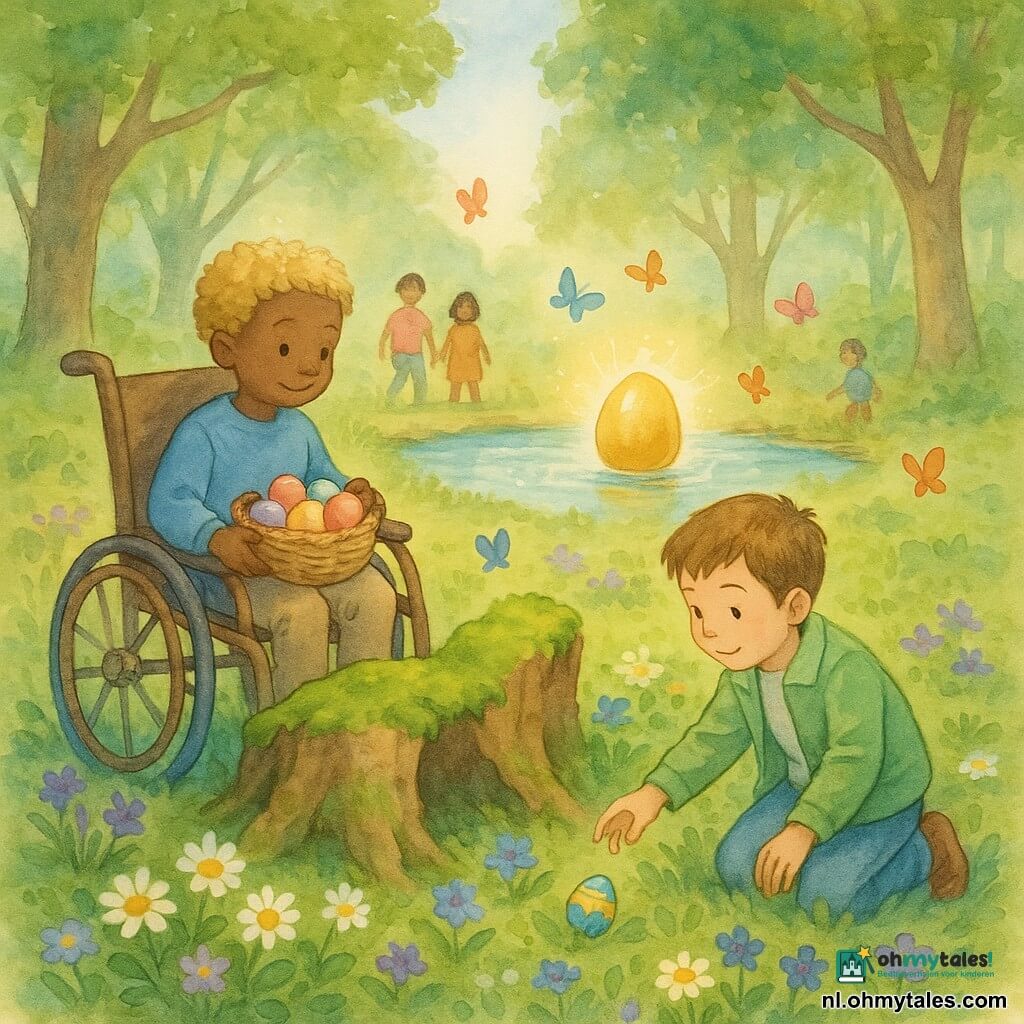 Twee hoofdpersonages: Tom, 8 jaar, kort bruin haar, lichtgroene jas en jeans, knielt rechts van een stoel en reikt naar een gekleurd ei in het gras; Max, 8 jaar, krullend blond haar, blauw sweatshirt, zit in een oude metalen rolstoel links van het midden en houdt een klein rieten mandje met geschilderde eieren. Locatie: een lente-open plek in het bos met grote loofbomen, een mosbedekte holle stronk en wilde bloemen op de grond; op de achtergrond een glinsterend vijvertje dat de lucht weerspiegelt en kleurrijke vlinders. Situatie: de jongens ontdekken kleurrijke paaseieren rond de holle stronk en in het midden van de vijver ligt een groot glanzend gouden ei; zachte verwonderende sfeer, levendige pasteltinten en aquarelachtige texturen met lichte contouren.