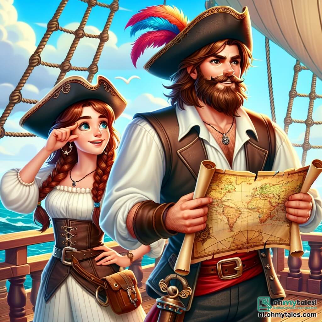 Roelof, een piraat met lang golvend haar en een goed verzorgde baard, staat trots op het dek van zijn schip met een vastberaden en opgewonden blik. Hij draagt een piratenhoed met een gekleurde veer, een witte blouse met pofmouwen en een leren vest. In zijn hand houdt hij een schatkaart en speurt hij de horizon af met een avontuurlijke glimlach. Naast hem bekijkt Jasmijn, een 20-jarig meisje met gevlochten bruin haar en sprankelende ogen, aandachtig de kaart. Ze draagt een lichte blouse en piratenbroek en staat iets op de achtergrond, klaar om Roelof naar de volgende stap van hun zoektocht te leiden. Bram, een stevige man van ongeveer 30 jaar, staat achter op het schip met zijn armen over elkaar en een zelfverzekerde glimlach. Met zijn volle baard en rode bandana houdt hij de omgeving in de gaten, klaar om zijn bemanning tegen gevaar te beschermen. De scène speelt zich af op het houten dek van het schip De Vrijheid, dat zachtjes op de glinsterende golven van de oceaan wiegt. De lucht is helderblauw met enkele witte wolken en de geur van de zee hangt in de lucht. De situatie toont Roelof en zijn bemanning die zich voorbereiden op een nieuw avontuur, terwijl ze zich klaarmaken om de schatkaart te volgen naar een mysterieuze eiland vol beloftes en mysteries om te ontdekken.