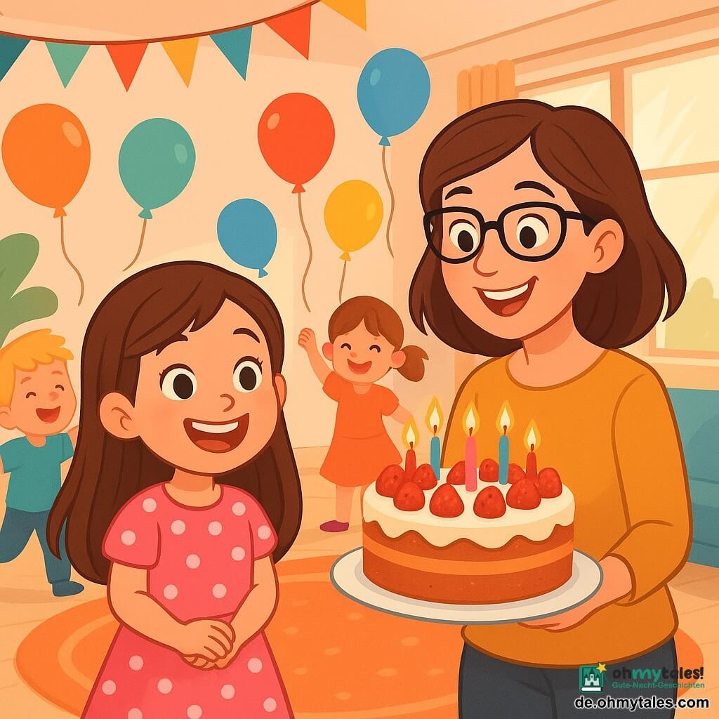 Ein 6-jähriges Mädchen mit langen braunen Haaren und strahlenden Augen steht im Mittelpunkt eines hellen Raumes, umgeben von bunten Ballons. Sie trägt ein rosa Kleid mit weißen Punkten und ein großes Lächeln, das ihr Gesicht erhellt. Neben ihr steht ihre Tante Klara, eine Frau in den Dreißigern mit braunen Haaren und Brille, die lächelt und einen mit Erdbeeren und Kerzen dekorierten Kuchen hält. Im Hintergrund spielen Kinder, darunter ein Junge mit blonden Haaren und ein kleines Mädchen mit Zöpfen, fröhlich mit Ballons. Der Raum ist ein gemütliches Wohnzimmer, geschmückt mit bunten Papiergirlanden, einem großen weichen Teppich und Sonnenstrahlen, die durch die Fenster fallen. Die Hauptsituation zeigt das Mädchen, das bereit ist, ihre Kerzen auf dem Geburtstagskuchen auszublasen, umgeben von Lachen und lebhaften Farben, und fängt die Aufregung und Magie dieses besonderen Tages ein.