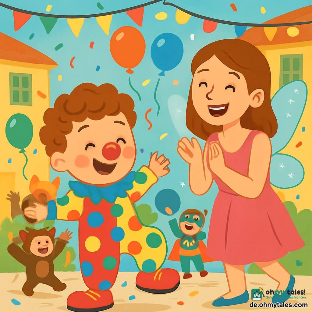 Ein kleiner Junge von 2 Jahren mit lockigem Haar und rosigen Wangen lächelt fröhlich, während er ein buntes Clownskostüm trägt, mit einer großen roten Nase und riesigen Schuhen. Er tanzt begeistert auf der Feier. Neben ihm steht seine Mutter, eine lächelnde Frau von etwa 30 Jahren, die ein schönes Feenkostüm mit glitzernden Flügeln und einem rosa Kleid trägt; sie klatscht und lacht, während sie ihren Sohn ansieht. Im Hintergrund spielt eine Gruppe von Kindern, alle verkleidet als Tiere und Superhelden, mit bunten Ballons. Der Ort ist eine belebte Straße, geschmückt mit Lichtergirlanden und Konfetti, das durch die Luft fliegt und eine festliche, fröhliche Atmosphäre schafft. Die Hauptsituation zeigt den kleinen Jungen, der tanzt und Spaß hat, umgeben von Lachen und lebhaften Farben, und den Karneval glücklich feiert.