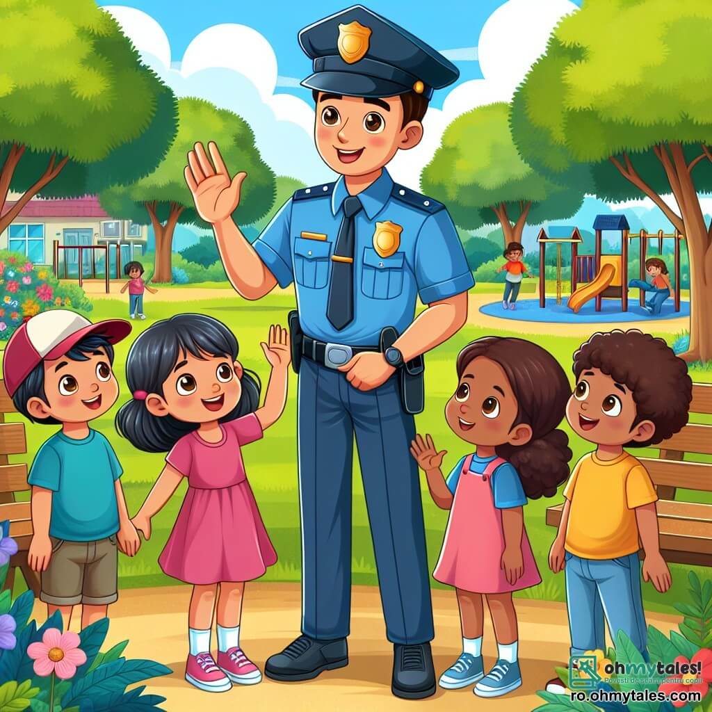Un polițist, un bărbat de aproximativ treizeci de ani, zâmbitor și binevoitor, poartă un uniformă albastră cu o șapcă. El se află în centrul parcului, înconjurat de copaci verzi și flori colorate, salutând copiii cu un gest prietenos al mâinii. Printre copii, o fetiță de 8 ani, cu părul creț și rochie roz, ridică mâna zâmbind, plină de entuziasm. Lângă ea, un băiat de 7 ani, cu o șapcă roșie și un tricou albastru, îl privește pe polițist cu admirație, cu ochii strălucind de curiozitate. Parcul este însorit, cu bănci din lemn și locuri de joacă în fundal, creând o atmosferă veselă și primitoare. Situația principală arată polițistul explicând copiilor rolul său și cum îi protejează, în timp ce aceștia îl ascultă atent, captivați de cuvintele lui.