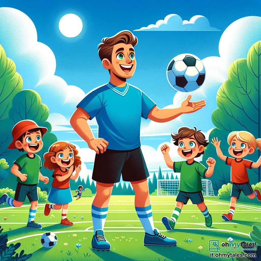 Un uomo sorridente, Marco, è al centro dell'immagine, con capelli castani e occhi scintillanti di gioia. Indossa una maglietta da calcio blu brillante e pantaloni neri, mentre mostra ai bambini come colpire bene un pallone. Intorno a lui ci sono diversi bambini: un ragazzo di 7 anni con un cappellino rosso, pronto a calciare il pallone, e una ragazza di 6 anni con una treccia bionda, che applaude con entusiasmo. Un altro ragazzo di 8 anni, con una maglietta verde, corre verso il pallone con un grande sorriso. Il luogo è un parco verdeggiante, con alberi lussureggianti sullo sfondo, un cielo blu brillante e un campo da calcio ben curato, con erba di un verde intenso. La scena principale mostra Marco mentre insegna ai bambini come giocare a calcio, tutti insieme, ridendo e divertendosi, creando un'atmosfera gioiosa e dinamica.