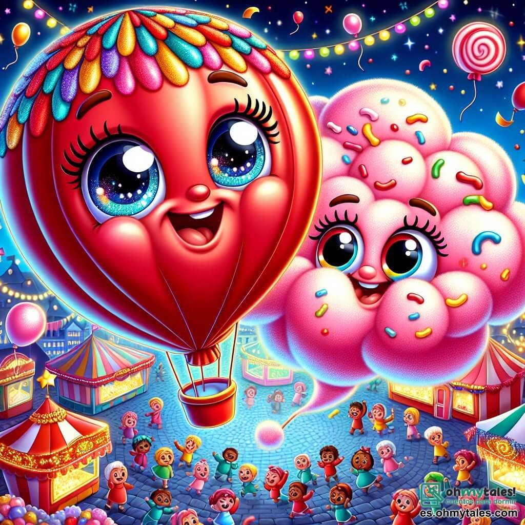 Un globo de helio rojo, llamado Helio, flota alegremente en el aire, con ojos chispeantes y una gran sonrisa, vistiendo un traje colorido de plumas brillantes y chispas de chocolate. Baila con entusiasmo, sus colores vibrantes iluminando el cielo. Junto a él, una suave nube de algodón de azúcar, toda esponjosa y rosa, sonríe con ojos redondos y traviesos, invitando a Helio a jugar mientras flota graciosamente. Al fondo, una plaza animada, decorada con guirnaldas coloridas y farolitos brillantes, está llena de niños riendo y bailando, mientras que los puestos de golosinas y los juegos de feria añaden un toque festivo a la atmósfera. La escena principal muestra a Helio y la nube de algodón de azúcar bailando juntos en el aire, creando piruetas alegres, mientras los niños abajo los miran con asombro, aplaudiendo y riendo de felicidad.