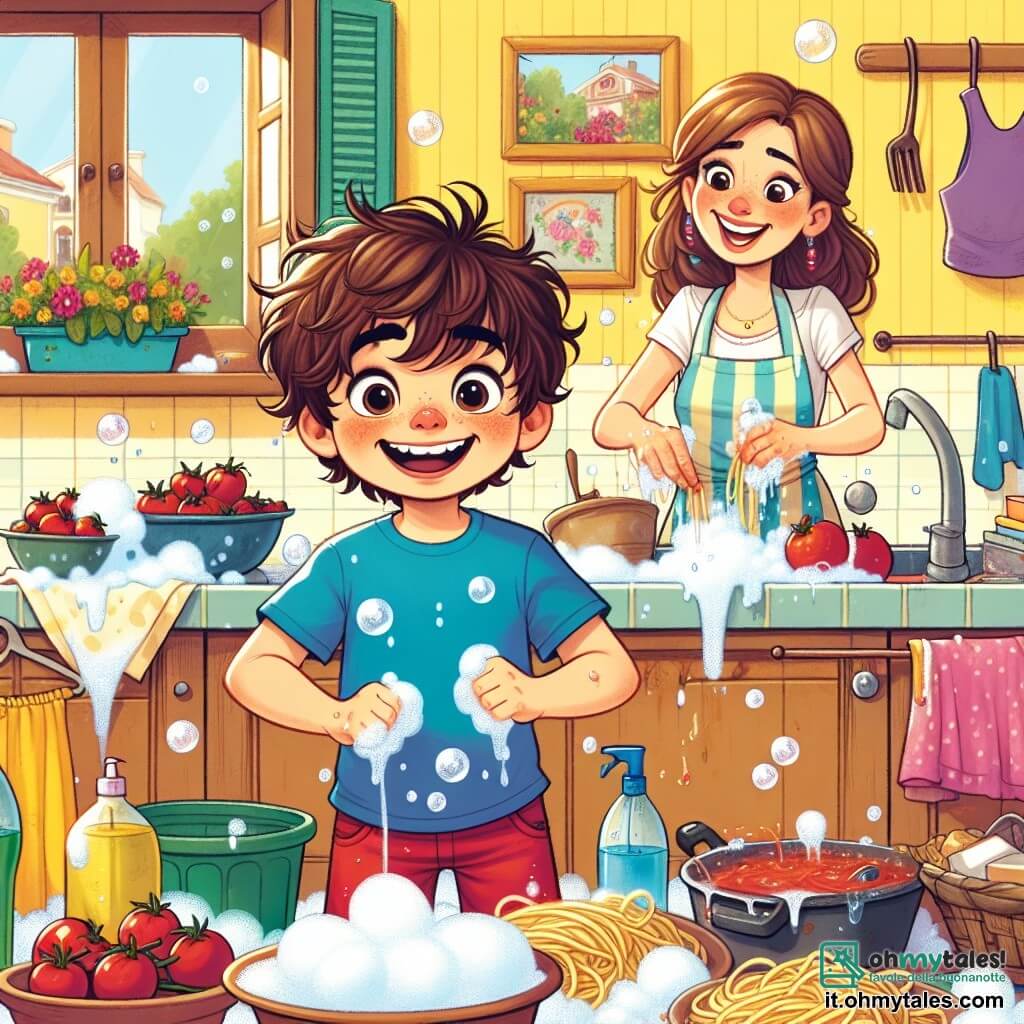 Un ragazzo di 9 anni, Matteo, con capelli castani arruffati e un grande sorriso, si trova al centro della cucina, circondato da bolle di sapone e stoviglie spruzzate. Indossa una maglietta blu e pantaloni corti rossi, e il suo sguardo è pieno di eccitazione e determinazione. Accanto a lui, sua madre, una donna di circa trent'anni con capelli lunghi e castani, sorride teneramente osservando suo figlio, con le braccia incrociate, in un atteggiamento sia divertito che orgoglioso. La cucina è luminosa, con muri gialli e finestre che lasciano entrare la luce del sole, vasi di fiori sul davanzale e un tavolo di legno carico di un piatto di spaghetti un po' bruciati. La scena principale mostra Matteo mentre prepara un pasto per sua madre, con schizzi di salsa di pomodoro sul muro e vestiti colorati sparsi attorno a lui, illustrando il suo entusiasmo e i suoi sforzi per farla felice.