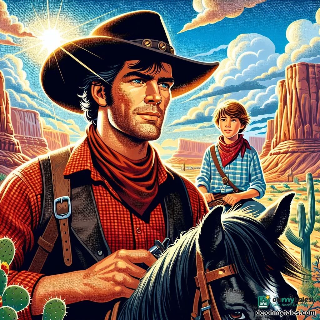 Ein etwa dreißigjähriger Cowboy mit sonnengegerbtem Gesicht, breitem Filzhut und rotkariertem Hemd steht fest auf seinem schwarzen Pferd. Sein Blick ist entschlossen und mutig, seine Augen leuchten vor Gerechtigkeit, während er den Horizont absucht. Neben ihm steht ein zwölfjähriger Junge mit zerzausten kastanienbraunen Haaren, der ein Halstuch trägt und seinen Mentor bewundernd ansieht. Er hält eine Karte in den Händen, seine Augen weit aufgerissen vor Aufregung. Die Szenerie zeigt einen kargen Canyon mit roten Felsen und verstreuten Kakteen unter einem strahlend blauen Himmel, der mit weißen, baumwollartigen Wolken übersät ist. Das Sonnenlicht beleuchtet die Szene und wirft sanfte Schatten auf den staubigen Boden. Die Hauptsituation zeigt den Cowboy und den Jungen, die ihren nächsten Schritt planen, um einen zu Unrecht beschuldigten Freund zu retten, umgeben von einer Atmosphäre der Anspannung und Abenteuerlust.