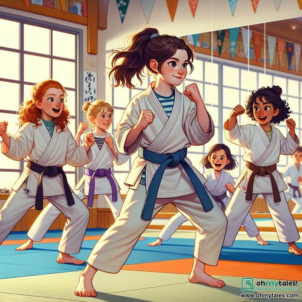 In a bright dojo, five children are gathered on a soft tatami. Mia, a 10-year-old girl with brown hair in a ponytail, wears a white kimono and a blue belt, standing at the center, focused and ready to execute a kick. Lily, a 10-year-old girl with curly blonde hair, is to Mia's left, smiling and encouraging her with raised fists. Emily, a 10-year-old girl with red hair, is to Mia's right, stretching with a determined look on her face. Sophia, a 10-year-old girl with black hair, is behind Mia, performing kata movements with a concentrated expression. Grace, a 10-year-old girl with brown hair, stands slightly back, observing with admiration, arms crossed. The dojo is decorated with colorful flags and mirrors reflecting the children's movements, creating a dynamic and lively atmosphere. The main scene shows Mia training for a karate tournament, surrounded by her friends who cheer her on, illustrating the team spirit and camaraderie that unite them.