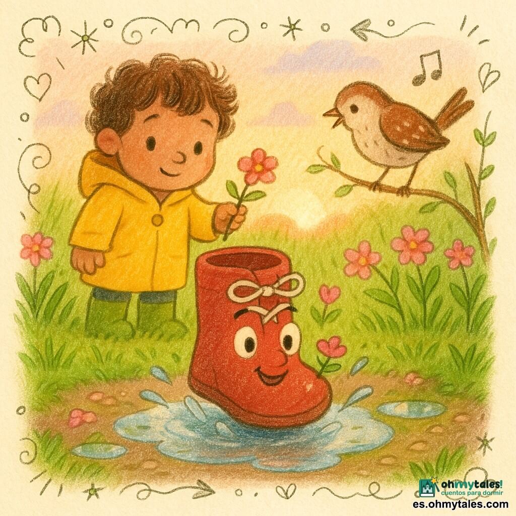 Una pequeña bota de cuero roja antropomórfica con cordones blancos, ojos redondos, cejas suaves y sonrisa salta en un charco salpicando suavemente; detrás, un niño pequeño de cabello rizado con impermeable amarillo brillante y expresión amable le ofrece una pequeña flor rosa; un gorrión marrón con motas blancas posado en una ramita canta inclinando la cabeza; jardín primaveral con hierba verde brillante, charcos reflectantes, flores rosas con gotas, tierra oscura y sendero de grava clara bajo un cielo pastel al atardecer; la lluvia acaba de parar, luz cálida de la tarde, ambiente dulce y alegre, colores saturados y trazos redondeados con textura de lápiz para un aspecto infantil.