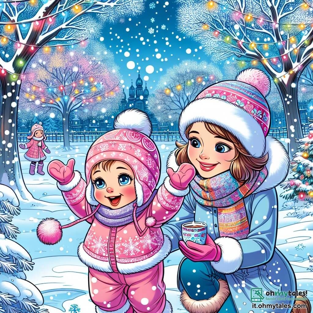Una bambina di un anno, con grandi occhi brillanti e guance rosa, sta giocando nella neve. Indossa una tuta rosa con motivi di fiocchi di neve e un berretto di lana con pompon. Sorride gioiosamente, con le braccia alzate, cercando di catturare i fiocchi di neve che cadono dal cielo. Accanto a lei, sua madre, una donna di circa 30 anni, ha i capelli castani raccolti in uno chignon e indossa un cappotto blu con una sciarpa colorata. Guarda sua figlia con tenerezza, con un sorriso caloroso sul volto, mentre tiene una tazza di cioccolata calda nelle mani. Il luogo è un incantevole parco invernale, con alberi maestosi coperti di neve scintillante, fiocchi che danzano nell'aria e un cielo azzurro chiaro. Luci colorate decorano i rami degli alberi, aggiungendo un tocco magico alla scena. La situazione principale mostra la bambina meravigliata dalla neve che cade, mentre cerca di afferrare i fiocchi con le sue piccole mani, creando un momento di pura felicità e scoperta in un paesaggio invernale da favola.