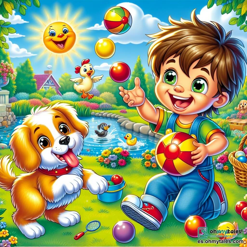 Un niño de 4 años, Lucas, con el pelo castaño despeinado y una gran sonrisa, juega con su pelota roja brillante al borde de un estanque. A su lado, su amigo el perro Toby, un golden retriever de pelaje dorado y ojos brillantes, salta alegremente, listo para ayudarlo. Al fondo, una gallina de plumas blancas y doradas baila sobre la hierba verde, añadiendo un toque de magia a la escena. El lugar es un jardín soleado, lleno de flores coloridas y árboles frondosos, con un estanque brillante donde se refleja el sol. La situación principal muestra a Lucas riendo a carcajadas mientras intenta recuperar su pelota de las patas de un pato divertido que juega con ella, creando un ambiente alegre y lúdico.