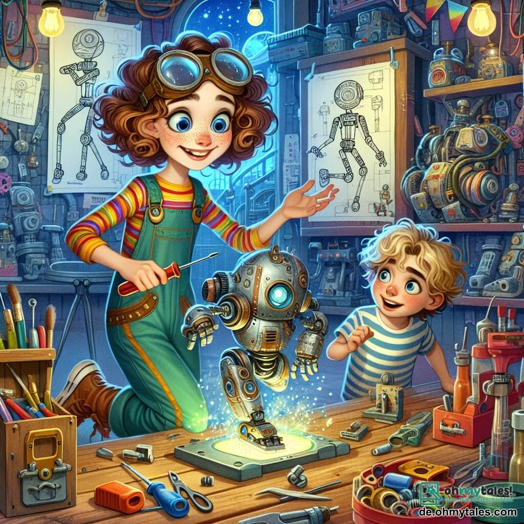 Lotte, eine junge Frau mit lockigem, braunem Haar, trägt einen bunten Overall und hat eine Schutzbrille auf der Stirn. Sie lächelt begeistert, ihre Hände sind fettig, während sie an einem glänzenden Metallroboter arbeitet, der fröhlich zu ihren Füßen tanzt. Neben ihr beobachtet Max, ein etwa 8-jähriger Junge mit zerzausten blonden Haaren und einem gestreiften T-Shirt, fasziniert mit weit aufgerissenen Augen und einem Schraubenzieher in der Hand. Er lehnt sich vor, bereit, Lotte bei ihrer Erfindung zu helfen. Die Szene spielt in einer magischen Werkstatt, gefüllt mit bunten Werkzeugen, Plänen an den Wänden und seltsamen Maschinen, die summen und klappern. Regale quellen über mit mechanischen Teilen und Prototypen, während ein großes Holzschild mit Zeichnungen von Erfindungen den Hintergrund schmückt. Die Hauptsituation zeigt Lotte und Max, die gemeinsam an ihrem Roboter arbeiten, der gerade aufgestanden ist und zu tanzen beginnt, was eine fröhliche und dynamische Atmosphäre voller Kreativität und Freundschaft schafft.