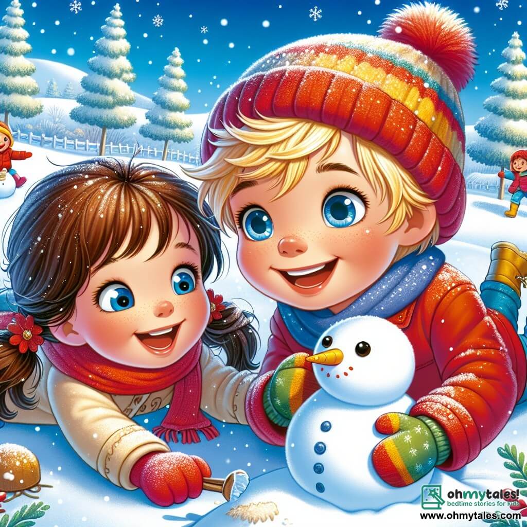 A 4-year-old boy named Max, with messy blonde hair and bright blue eyes sparkling with joy, is lying in the snow making a snowman. He wears a bright red jacket, a wool hat, and colorful gloves, and his face radiates excitement. Next to him, his best friend Lily, a 4-year-old girl with brown pigtails and a bright yellow hat, laughs while making a snow angel, her cheeks rosy from the cold. The scene is set in an enchanting winter landscape, with snow-covered trees, softly falling snowflakes from a light blue sky, and endless white hills. The main situation shows Max and Lily having fun together in the snow, surrounded by the magic of winter, creating joyful memories and discovering the beauty of the season.
