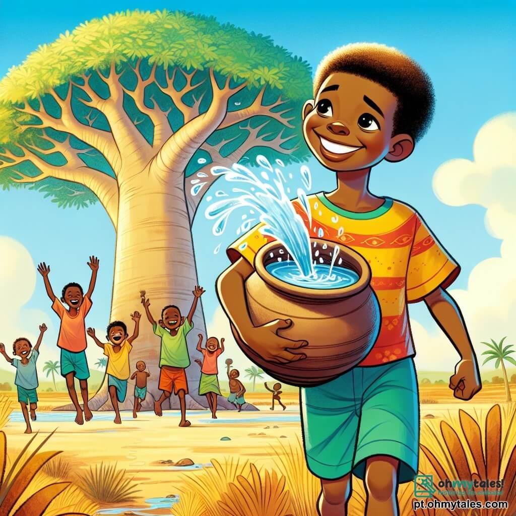 Mussa, um menino de 8 anos, tem pele dourada e cabelos crespos. Ele usa uma camiseta colorida e um short leve. Seu rosto expressa determinação e alegria enquanto segura um grande pote de barro cheio de água. Ao seu lado, um majestoso baobá, com um tronco largo e galhos estendidos, parece sorrir para ele, com suas folhas verdes dançando ao vento. Ao fundo, um pequeno grupo de crianças da mesma idade que Mussa, com sorrisos brilhantes, o incentiva levantando os braços. O cenário é uma bela savana moçambicana, com gramíneas douradas e um céu azul radiante. A cena mostra Mussa, orgulhoso e feliz, voltando para sua aldeia com água, pronto para compartilhar sua vitória com a comunidade.