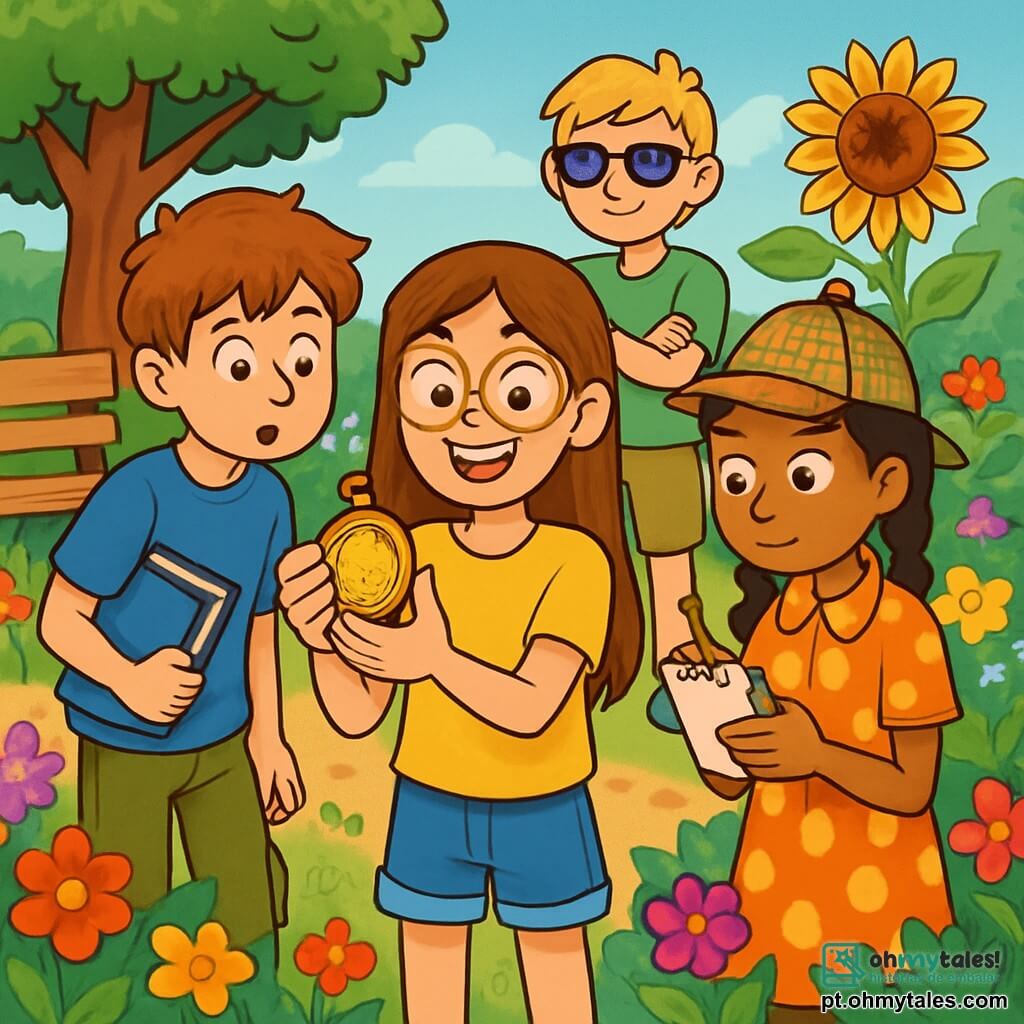 Há 4 crianças: - Luísa: uma menina de 10 anos, com cabelos longos e castanhos e óculos redondos, vestindo uma camiseta amarela e um short de jeans. Ela está no centro, segurando um velho medalhão com um grande sorriso no rosto. - Paulo: um menino de 10 anos, com cabelos castanhos bagunçados e um livro debaixo do braço, vestido com uma camiseta azul e calças cargo. Ele está à esquerda de Luísa, observando o medalhão com curiosidade. - Marina: uma menina de 10 anos, com cabelos negros trançados e um chapéu de detetive, vestindo um vestido de bolinhas. Ela está à direita de Luísa, anotando em um pequeno caderno. - Tomás: um menino de 10 anos, com cabelos loiros e óculos de sol na testa, vestido com uma camiseta verde e shorts. Ele está atrás de Luísa, com os braços cruzados, mostrando uma expressão determinada. O local da cena principal é um jardim comunitário vibrante, cheio de flores coloridas, grandes árvores frondosas e um velho banco de madeira. Ao fundo, um grande girassol se ergue majestoso, chamando a atenção das crianças. A cena mostra os quatro amigos descobrindo um antigo medalhão no jardim, cercados por flores coloridas e árvores verdes, com expressões de excitação e curiosidade. Eles estão envolvidos em uma investigação, prontos para resolver o mistério do medalhão mágico.