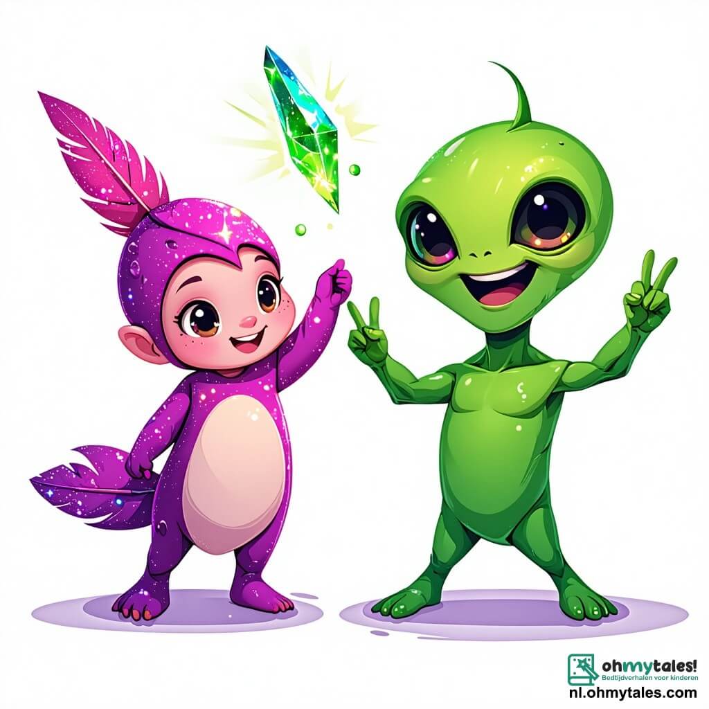Poppy, een klein roze veertje met een glinsterende glans, staat in het midden van de afbeelding, met verwonderde ogen, een heldere groene kristal boven haar hoofd houdend. Naast haar staat Zog, een grappige alien met een glibberig paarse lichaam en grote ronde ogen, enthousiast glimlachend met zijn armen omhoog in een overwinning gebaar. Op de achtergrond is de Groene Grot te zien met muren die glinsteren van kleurrijke kristallen, verlicht door een zachte licht, wat een magische en mysterieuze sfeer creëert. De hoofdscene toont Poppy en Zog, triomfantelijk na het vinden van de kristal, klaar om de planeet Glimmeron te redden van een bedreigende asteroïde.