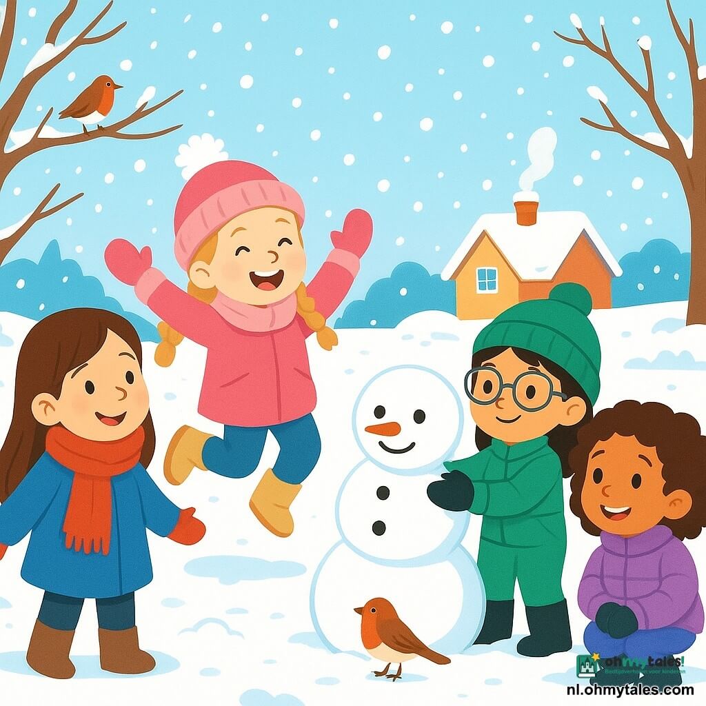 Er zijn 4 kinderen: Saar: een 7-jarig meisje met lange bruin haar, een grote rode sjaal en een blauwe jas. Ze glimlacht terwijl ze naar de vallende sneeuw kijkt. Noor: een 6-jarig meisje met blonde vlechten, gekleed in een roze jas en een pomponmuts. Ze springt vrolijk in de sneeuw. Yara: een 8-jarig meisje met zwart haar en een bril, gekleed in een groene skikleding. Ze maakt een sneeuwman. Mila: een 5-jarig meisje met krullend haar en een stralende glimlach, draagt een paarse donsjas. Ze kijkt naar de vogels in de bomen. De locatie is een mooie wintertuin, bedekt met een dikke laag glinsterende sneeuw. Naakte bomen staan eromheen, met takken versierd met sneeuwvlokken. Op de achtergrond is er een klein, warm huisje met rook uit de schoorsteen. De kinderen hebben plezier samen in de sneeuw en voeden een klein roodborstje dat naar hen toe komt. Ze zijn omringd door zacht vallende sneeuwvlokken, wat een magische en vrolijke sfeer creëert.