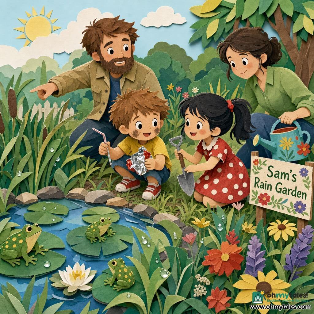 A 6-year-old boy with messy light-brown hair, big curious eyes and a dirt-smudged face, smiling and determined, delicately holding a plastic straw and a shiny wrapper; a 6-year-old girl, Mia, with a black ponytail in a polka-dot dress kneeling beside him and offering a small metal shovel with an enthusiastic look; a bearded father in a canvas jacket standing behind, pointing encouragingly toward a small round pond edged with water lilies and tall grasses cut in bands, and a crouched mother with tied-back hair in a green shirt holding a colorful watering can beside a painted sign reading Sam’s Rain Garden; the children pick up litter at the pond’s edge while green frogs with golden spots watch from lilies, soft morning light, visible torn-paper textures and layered collage effect, color palette of tender greens, butter yellows, soft blues and touches of red with crisp outlines and drop shadows.