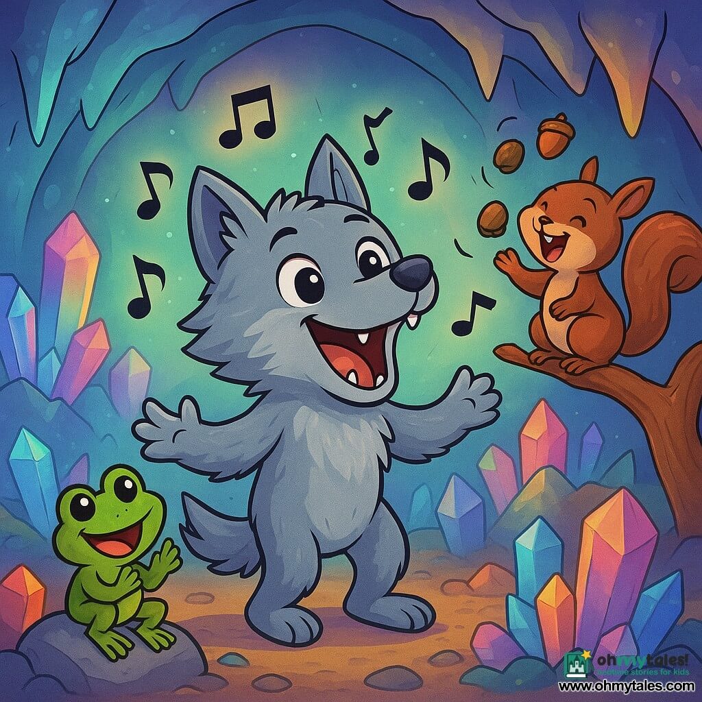 A joyful and curious werewolf with soft, shimmering silver-gray fur stands at the center of the scene. His large, bright eyes express excitement as he smiles widely, showing his sharp white teeth. He is singing, surrounded by floating musical notes dancing around him. To his right, a mischievous little squirrel with brown fur and a bushy tail stands on a branch, laughing and tossing acorns in the air. To his left, a green frog with round, sparkling eyes, perched on a rock, claps enthusiastically. The setting is a sparkling cave where colorful crystals shine in the soft light, creating a rainbow of reflections on the walls. Stalactites and stalagmites add a magical touch to the environment. The main scene shows the werewolf joyfully singing with his friends, creating an engaging melody that resonates throughout the cave, blending with the laughter of the forest creatures.