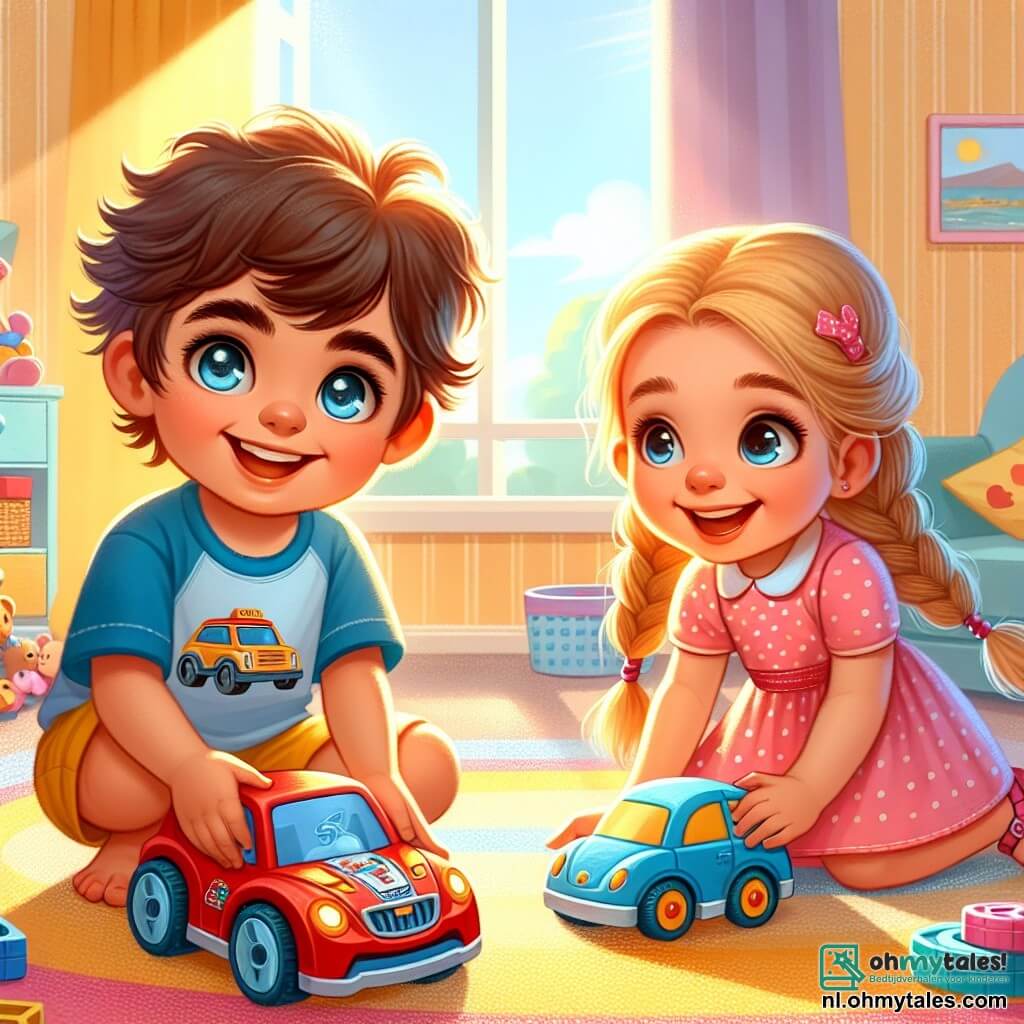 Een kleine jongen van 2 jaar, Tommy, met rommelig bruin haar en sprankelende ogen van blijdschap, speelt met een kleine rode auto in een kleurrijke woonkamer. Hij draagt een blauwe t-shirt met een tekening van een auto en een gele short. Zijn gezicht toont een mix van opwinding en geluk. Naast hem houdt Lotte, een 3-jarig meisje met gevlochten blond haar en een stralende glimlach, een blauwe auto vast. Ze draagt een roze jurk met stippen en sandalen. Ze zit op haar hurken, klaar om te racen met Tommy. De ruimte is een warme woonkamer, vol kleurrijk speelgoed, met een zacht tapijt en muren in pastelgeel. Een raam laat zonlicht binnen, dat de kamer verlicht. De situatie toont Tommy en Lotte die een autorace voorbereiden, hun gezichten stralend van blijdschap, terwijl ze samen tellen: "Een, twee, drie, start!" De sfeer is vol vriendschap en gelach.