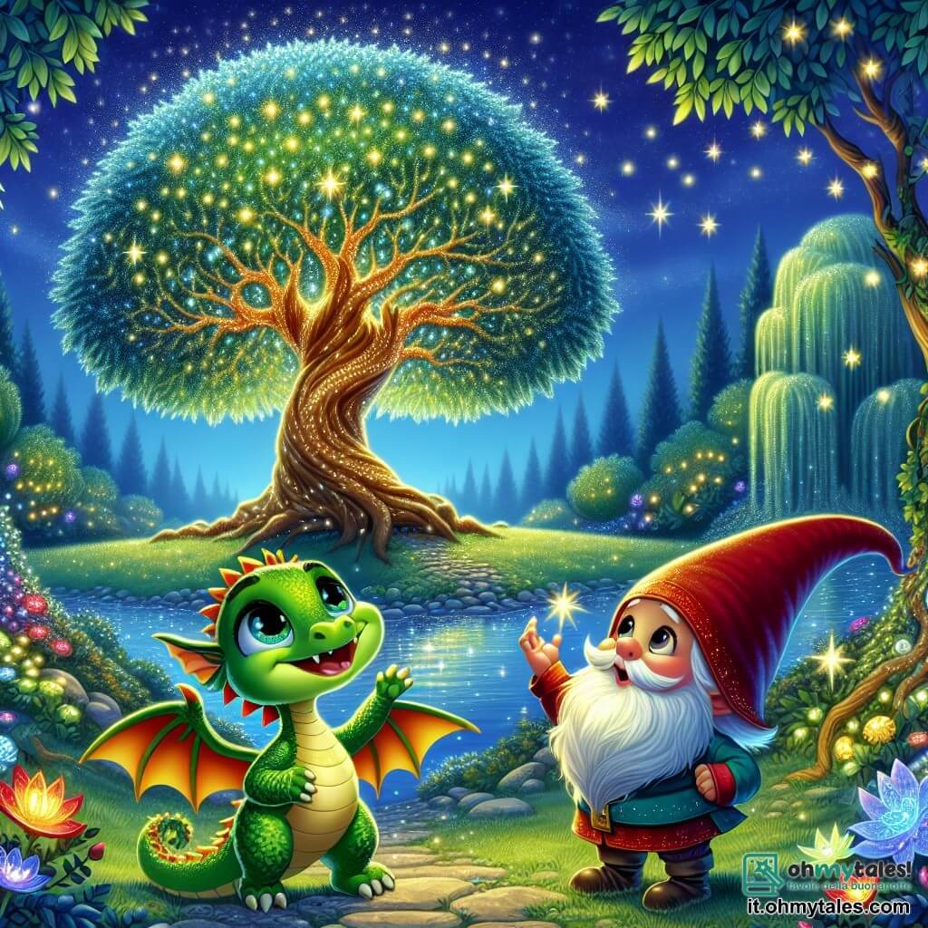 Un piccolo drago verde di nome Zaffiro, con squame brillanti e occhi pieni di curiosità, si trova ai piedi di un maestoso albero dalle foglie scintillanti, con un ampio sorriso sul volto. Batte le ali con eccitazione, pronto a esprimere un desiderio. Accanto a lui, un gnometto di nome Barbolino, piccolo e paffuto, indossa un grande cappello rosso e una barba bianca e morbida, guarda l'albero con meraviglia, gli occhi rotondi pieni di gioia. Alza una mano, come se stesse indicando le stelle che brillano sopra di loro. Lo scenario è un magnifico boschetto incantato, dove fiori luminosi danzano al ritmo del vento e un lago cristallino riflette la luce delle stelle. Colori vivaci e dettagli magici, come lucciole scintillanti, aggiungono un'atmosfera fiabesca alla scena. Zaffiro e Barbolino si trovano davanti all'Albero delle Stelle, in attesa che il drago esprima il suo desiderio, circondati da un'aura di magia e avventura.