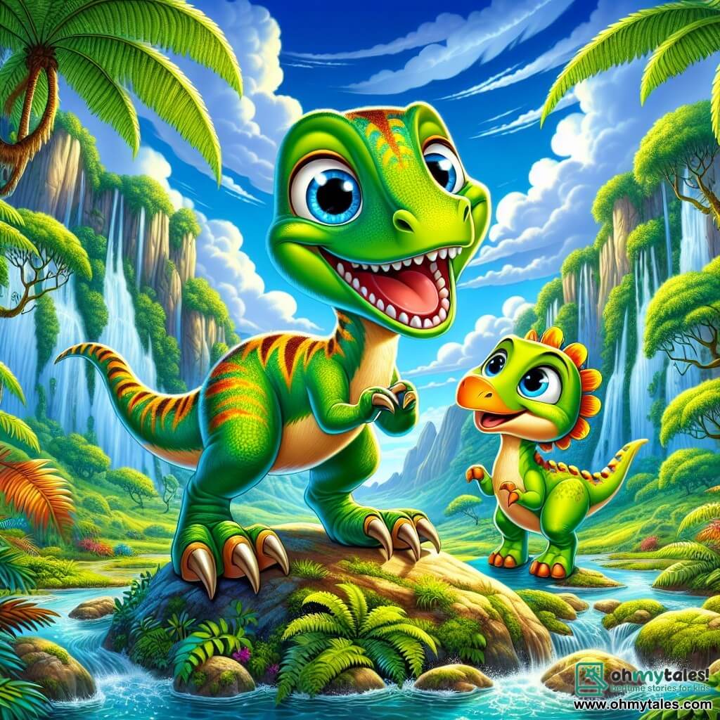 A velociraptor named Zeno, with bright green feathers and golden stripes, stands on a rock, his eyes shining with excitement and a wide smile on his face. He is joyfully leaping, his claws barely touching the ground, ready to explore. Beside him, Tira, a small bright orange protoceratops, watches him with admiration, her big round eyes filled with enthusiasm. She stands just behind him, her legs slightly apart, ready to follow him on the adventure. The scene takes place in a lush prehistoric valley, where gigantic ferns rise like trees and a sparkling stream winds through moss-covered rocks. The sky is a bright blue, dotted with fluffy white clouds, and a rainbow appears in the distance, adding a touch of magic to the environment. Zeno and Tira are preparing to search for a lost egg, surrounded by the wild beauty of their world, filled with curiosity and energy, ready to embark on a new adventure together.