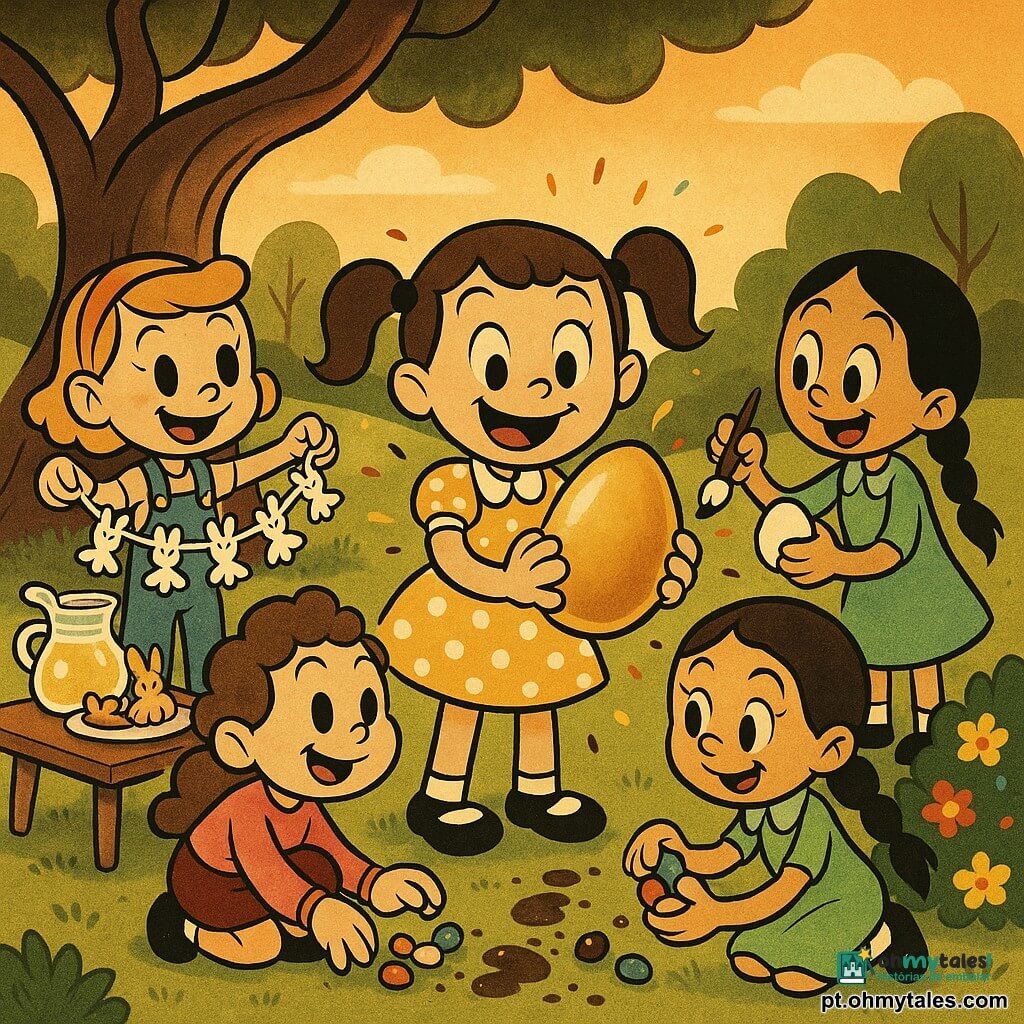 Quatro meninas: Sofia (8 anos, cabelos castanhos em rabos, vestido amarelo com bolinhas brancas) no centro abrindo um grande ovo dourado escondido junto a um tronco; Clara (7 anos, cabelo loiro curto, tiara vermelha, jardineira azul) à esquerda segurando uma guirlanda de coelhinhos de papel; Ana (7 anos, cabelo preto longo e trançado, vestido verde claro) à direita pintando um ovo branco; Luísa (8 anos, cabelo castanho cacheado, suéter rosa) agachada à frente apanhando pequenos ovos de chocolate junto a um arbusto florido; cenário: jardim ensolarado ao entardecer com relva verde, árvores de troncos curvos e folhagem redonda, canteiros floridos, mesa de madeira com biscoitos em forma de coelho e jarra de limonada, pegadas de chocolate no chão; cena principal: as quatro amigas descobrem o grande ovo dourado atrás da árvore, ambiente alegre e dinâmico, sorrisos largos, movimentos estilo "rubber hose", cores vivas, contornos pretos grossos, luz quente do fim de tarde, pequenos pedaços de chocolate e confetes ao redor.