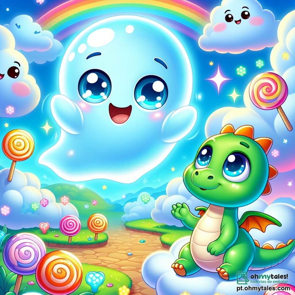 No centro da imagem, um pequeno fantasma chamado Léo, de forma arredondada e translúcida, flutua alegremente no ar. Seus olhos brilham com uma suave luz azul, e um largo sorriso ilumina seu rosto. Ele está cercado por nuvens fofas e coloridas, que mudam de tonalidade com o vento. Ao lado dele, um pequeno dragão chamado Zefir, com escamas verdes brilhantes e asas delicadas, observa Léo com admiração. Zefir, que parece curioso e um pouco preocupado, bate suavemente suas asas para se equilibrar no ar. O cenário é um reino mágico, onde nuvens em forma de doces flutuam em um céu azul brilhante. Flores cantantes de cores vivas florescem ao redor deles, e um arco-íris cintila no horizonte, adicionando um toque de magia à cena. A situação principal mostra Léo e Zefir, de mãos dadas, prontos para atravessar uma passarela luminosa feita de luz, simbolizando sua amizade crescente e a aventura que está por vir.