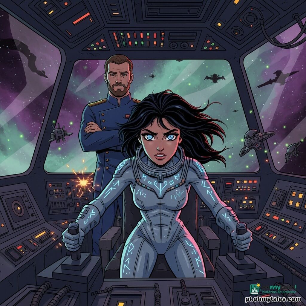 Uma mulher piloto, Elara, rosto expressivo e determinado, olhos brilhantes cor de galáxia, cabelos negros flutuando; veste um traje espacial prateado com runas azuis e manuseia os controles de um cockpit retrofuturista em posição de ataque. Atrás dela, o comandante Orion, cerca de 40 anos, sério e com barba curta, uniforme militar azul‑escuro com ombreiras douradas, braços cruzados observando o horizonte espacial. Pequenos drones de manutenção metálicos flutuam ao redor, emitindo luzes verdes. Interior brilhante e detalhado do convés da nave Astrolábio, grandes janelas mostrando uma nebulosa púrpura e verde, painéis piscando, cabos e metal gasto; ao longe explosões em silhueta. Cena: Elara prepara um salto de velocidade para romper uma linha inimiga visível, tensão palpável, luzes estroboscópicas vermelhas, comandos em movimento e faíscas; composição centrada em Elara, fundo de batalha espacial e nebulosa espetacular.
