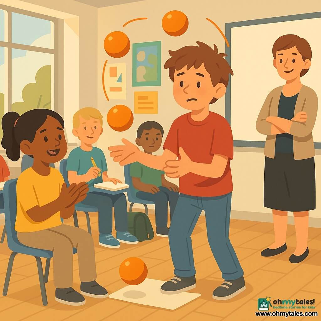 A 12-year-old boy with a round face and messy brown hair, focused but slightly nervous, is juggling three bright oranges—hands in clear motion, leaning forward—while a 12-year-old girl (Maya) with a black ponytail sits front left smiling and gently applauding; Mrs. Patel, a 30–40-year-old teacher with short hair, stands right by the whiteboard with arms crossed and a kind smile, observing approvingly; several classmates (11–13) sit at tables attentively—one holding a pencil, another with a backpack at their feet. The bright classroom has a large whiteboard, colorful educational posters, windows with soft light, light wood floors, blue plastic chairs, and a small towel on the floor serving as a mat for the oranges. The scene is a “Skill Share” presentation where the boy practices juggling—curved trajectories show oranges in flight and one has just fallen onto the towel—warm, supportive, slightly tense atmosphere.