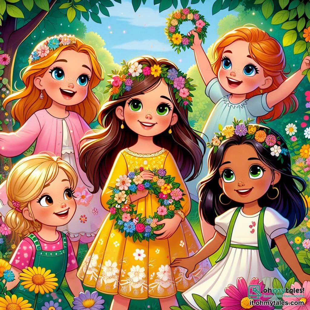 In un giardino colorato, quattro bambine si tengono insieme, raggiante di gioia. Sofia, 8 anni, con lunghi capelli castani e occhi brillanti, indossa un vestito giallo decorato con fiori e sorride ampiamente tenendo una corona di fiori. Mia, 7 anni, con capelli biondi e occhi blu, indossa una maglietta rosa e guarda con meraviglia la corona che ha fatto. Emma, 8 anni, con capelli castani e occhiali, indossa un vestito blu e tiene un grande fiore arancione, il viso illuminato da un grande sorriso. Lila, 7 anni, con capelli neri e occhi vivaci, indossa un vestito verde e salta di gioia, tenendo una corona di fiori colorati. Il giardino è pieno di fiori vivaci, alberi con foglie lussureggianti e un cielo blu punteggiato di nuvole bianche. Le quattro amiche stanno celebrando la festa della mamma, pronte a offrire le loro magnifiche corone di fiori alle mamme, con sorrisi radiosi e cuori colmi d'amore.