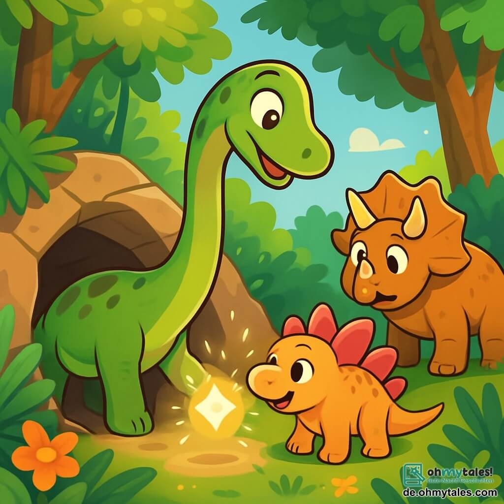 Ein Diplodocus namens Lino, mit einem langen, eleganten Hals und einer grünen Haut, die mit braunen Flecken bedeckt ist, steht am Rand einer kleinen Höhle. Seine großen Augen strahlen vor Staunen und Aufregung, während er ein mysteriöses, leuchtendes Artefakt beobachtet, das vor ihm schwebt. Neben ihm schaut ein kleiner Stegosaurus namens Mira, mit rosa Rückenschildern und einem neugierigen Lächeln, fasziniert auf das Phänomen. Ein robuster Triceratops namens Taro, mit imposanten Hörnern, steht etwas im Hintergrund, besorgt aber interessiert und mustert die Höhle. Die Szenerie ist ein üppiger Wald mit großen, dicken Baumstämmen, riesigen Farnen und bunten Blumen unter einem klaren blauen Himmel. Sonnenlicht filtert durch die Blätter und erzeugt Licht- und Schattenspiele auf dem Boden. Die Hauptsituation zeigt Lino, der fasziniert das magische Artefakt berührt, das ein sanftes, geheimnisvolles Licht ausstrahlt, während seine Freunde zuschauen, bereit, das Geheimnis zu entdecken, das auf sie wartet.
