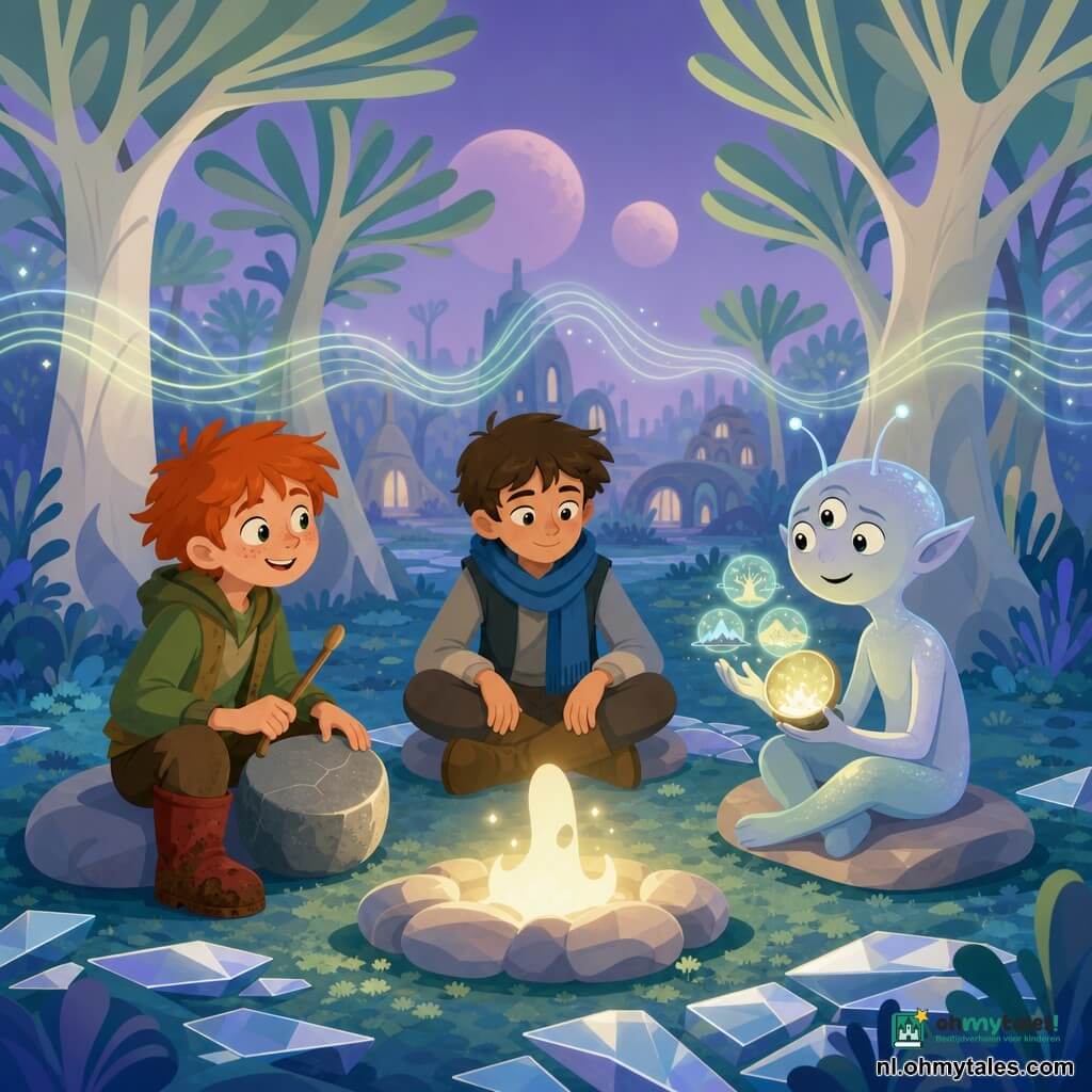 Drie personages: Finn, jongen ~12, kort bruin haar, blauwe sjaal, zit links van het midden met rechte houding en handen op de knieën, kijkt rustig naar het vuur; Bram, jongen ~11, warrig rood haar, modderige rode laarzen, zit rechts van Finn, tikt langzaam een kleine steen-trommel met een stok en lacht nieuwsgierig; Oboon, buitenaards wezen, klein grijsblauw parelmoer huid, drie vriendelijke ogen op een rij, twee beweeglijke antennes, zit links van Finn en houdt een open lichtbol waaruit fonkelende beelden komen. Locatie: Zyrah-bos op een planeet met ivoorkleurige, gladde stammen, lange vingerachtige lichtgroene bladeren, paden van gebroken kristal en een blauwgroen mosmat; op de achtergrond vage organische hutten en een lichtpaars hemel met twee lage manen. Situatie: rond een zacht gloedend vuur zitten ze op gepolijste stenen in een halve cirkel; Finn spreekt zacht, Bram houdt het ritme op zijn trommel, Oboon projecteert herinneringsbeelden en samen zingen ze om een onzichtbare echo te kalmeren die golven van licht door de bomen stuurt.