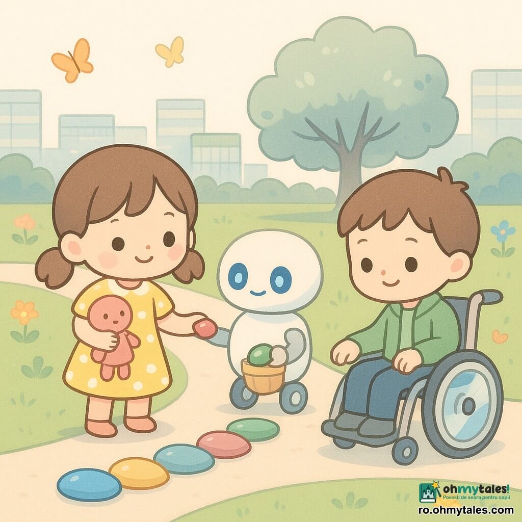 Sunt trei personaje: Sofia, fetiță de 6 ani cu părul brun în codițe, rochie galbenă cu buline albe, ține o păpușă roz și așază o pietricică albastră în prim-plan stânga; Matei, băiat de 6 ani cu păr șaten scurt, geacă verde, așezat într-un scaun cu rotile mic modern cu roți translucide, plasează o pietricică verde lângă Sofia; un mic robot asistent rotund din metal alb mat cu ochi LED albaștri și un coș cu pietricele colorate la lateral roade între ei întinzând o pietricică roz; locul este o grădină urbană futuristă cu peluză verde, alei clare din beton, partere cu flori vii, clădiri vitrate și acoperișuri verzi, în fundal un mare copac cu frunziș argintiu și lumină blândă de după-amiază; situația: copiii construiesc împreună un drum de pietricele strălucitoare colorate (albastru, verde, roz, galben) aranjate în rând formând un arc spre copacul argintiu, accent pe mâinile copiilor și pe poteca sclipitoare, atmosferă veselă și colaborativă.