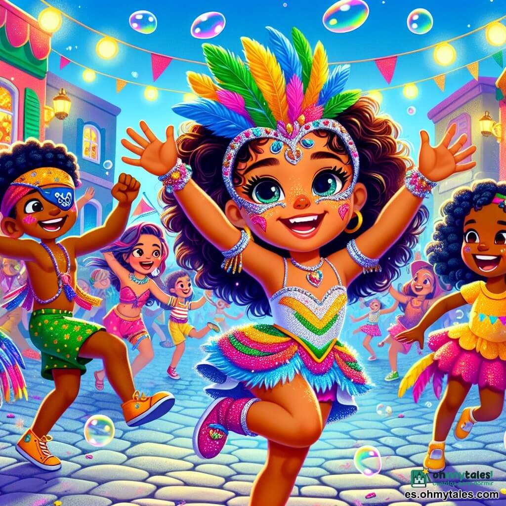 Una niña de 10 años, llamada Alba, con cabello rizado y ojos brillantes de alegría, baila con los brazos en alto, vistiendo un traje colorido adornado con plumas y lentejuelas. Su sonrisa radiante muestra su emoción y determinación para hacer participar a todos en el carnaval. A su lado, Inés, una niña de 10 años con cabello largo y azul, lleva una gran peluca y ríe mientras salta, sosteniendo una bandera colorida. Leo, un niño de 6 años con un antifaz de pirata, gira riendo a carcajadas, justo detrás de Alba. El decorado es una calle festiva, adornada con guirnaldas luminosas y puestos de dulces, bajo un gran cielo azul salpicado de nubes blancas. Burbujas flotan en el aire, añadiendo un toque mágico a la atmósfera alegre. La escena principal muestra a Alba guiando una ronda de bailarines felices, todos en trajes brillantes, que se mueven al ritmo, creando un ambiente festivo vibrante y lleno de vida.
