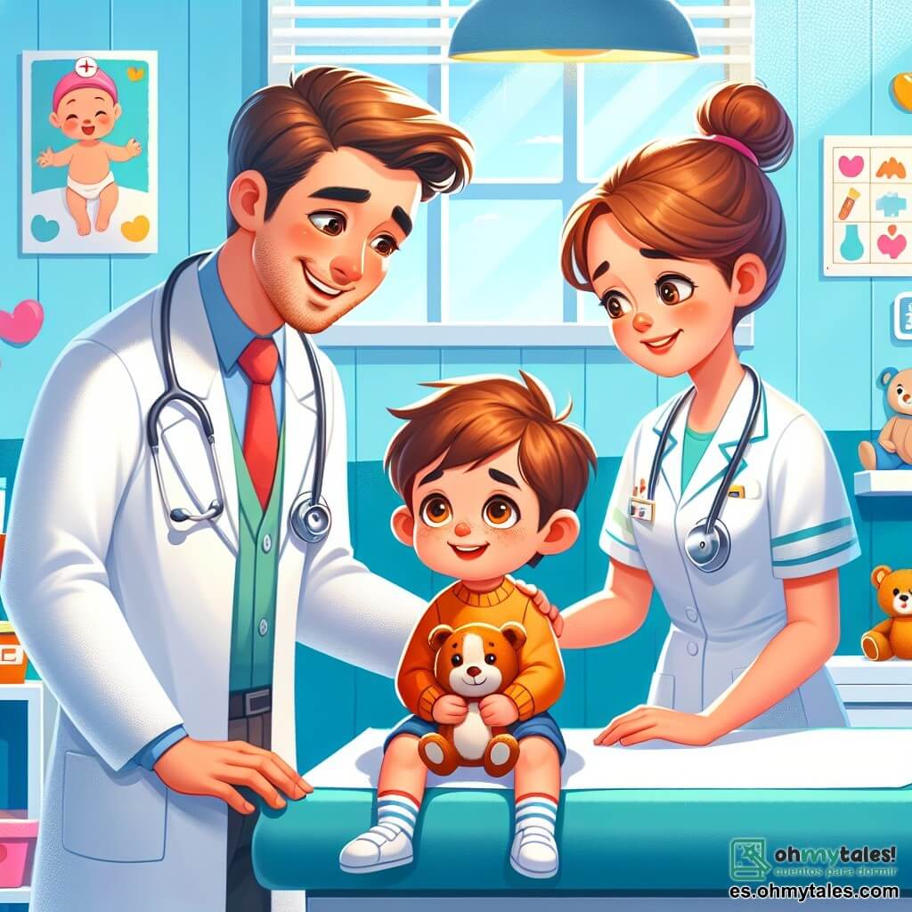 Un hombre, el doctor Pablo, sonriente y bondadoso, lleva una bata blanca impecable y un estetoscopio alrededor del cuello. Sus ojos brillan de empatía mientras se inclina hacia un niño de 5 años que está sentado en una mesa de examen. El niño tiene el cabello castaño desordenado y una expresión preocupada, pero comienza a sonreír al ver al doctor. Junto a ellos, la dulce enfermera Ana, una mujer de unos treinta años con el cabello castaño recogido en un moño, sostiene un oso de peluche y anima al pequeño con una mirada tranquilizadora. La escena transcurre en una sala de examen luminosa y colorida, con paredes pintadas de azul cielo y carteles de dibujos animados sobre salud. Hay juguetes esparcidos en una estantería y una ventana deja entrar la luz del sol. El doctor Pablo explica suavemente al niño cómo lo va a examinar, mientras que la enfermera Ana le muestra el oso de peluche para tranquilizarlo.