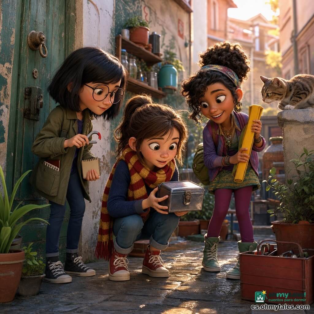 Hay tres niñas: Vera, 11 años, coletas castañas claras, bufanda rojamarilla a rayas, rostro curioso con pecas; está en el centro, agachada, sosteniendo una pequeña caja metálica brillante; Inés, 12 años, pelo negro liso a la altura de la mandíbula, gafas redondas, chaqueta kaki y un pequeño cuaderno asomando del bolsillo; está a la izquierda, de pie, concentrada, sujetando un imán o un lápiz lista para apuntar; Salma, 11 años, rizos recogidos en un moño, gran sonrisa, mochila en un hombro y ropa colorida; está a la derecha, sosteniendo una larga cinta amarilla enrollada y mirando un gato atigrado en un muro cercano. Lugar: pequeño patio urbano conectado a una calle estrecha, suelo empedrado húmedo, macetas alineadas, puerta de madera verde con aldaba redonda, caja de herramientas y estantería con frascos, grafitis suaves en las paredes y luz matinal cálida filtrando entre edificios. Situación: las tres amigas descubren una caja perdida junto a la puerta verde del taller; se inclinan juntas con gestos cómplices y concentrados, atmósfera aventurera pero segura, estilo visual colorido con texturas realistas y volúmenes redondeados tipo animación 3D.