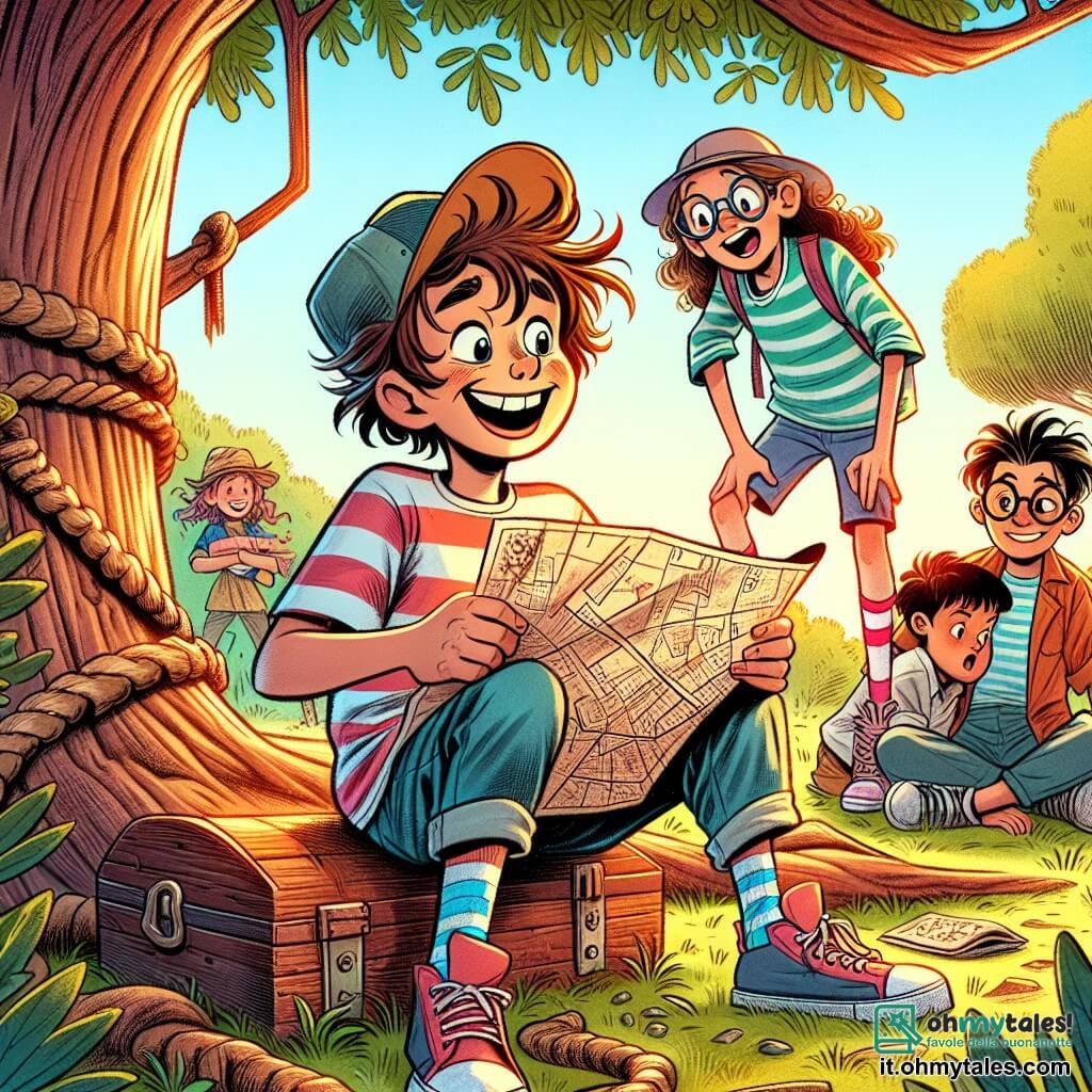 Un ragazzo di 12 anni, Marco, con i capelli arruffati e un grande sorriso malizioso, sta facendo una smorfia comica mentre tiene una mappa disegnata a mano. Indossa una maglietta a righe e dei pantaloni corti di jeans, e i suoi occhi brillano di eccitazione. Accanto a lui, Sara, una ragazza di 12 anni con i capelli ricci e calze spaiate, ride a crepapelle mentre indica una vecchia quercia. Tommy, un ragazzo di 12 anni con occhiali rotondi e un cappellino storto, cerca di liberarsi da un nodo di corda, con un'espressione perplessa. Giulia, una ragazza di 12 anni con capelli lunghi e un'espressione concentrata, è accovacciata ad osservare un vecchio baule di legno nascosto sotto delle foglie. 

Il contesto è un parco soleggiato, con alberi verdi, fiori colorati e un grande prato dove i bambini giocano. In lontananza si intravede una statua strana e un sentiero che si snoda nel parco. 

La scena principale mostra i quattro amici in una caccia al tesoro, ridendo e divertendosi insieme, circondati da risate e un'atmosfera gioiosa, pronti a scoprire il mistero del baule nascosto.