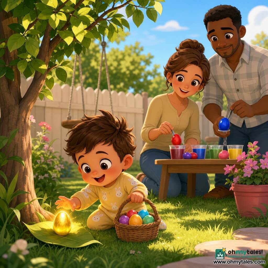 A smiling, chubby 2-year-old boy with rosy cheeks and tousled brown hair wears a pastel yellow bunny romper and holds a wicker basket of colorful eggs; his ~30-year-old mother, with a kind face and light brown hair in a bun, kneels at a small wooden table dyeing an egg red; his tall, calm ~32-year-old father in a light plaid shirt stands beside her turning a blue egg in a cup; a small tree with tender green leaves shelters a glowing golden egg on the ground; the sunny garden has soft green grass, a wooden swing, a pink flower pot and a light wooden fence; the main scene shows the boy discovering the golden egg while his proud parents watch and the eggs gleam wet as if freshly painted.