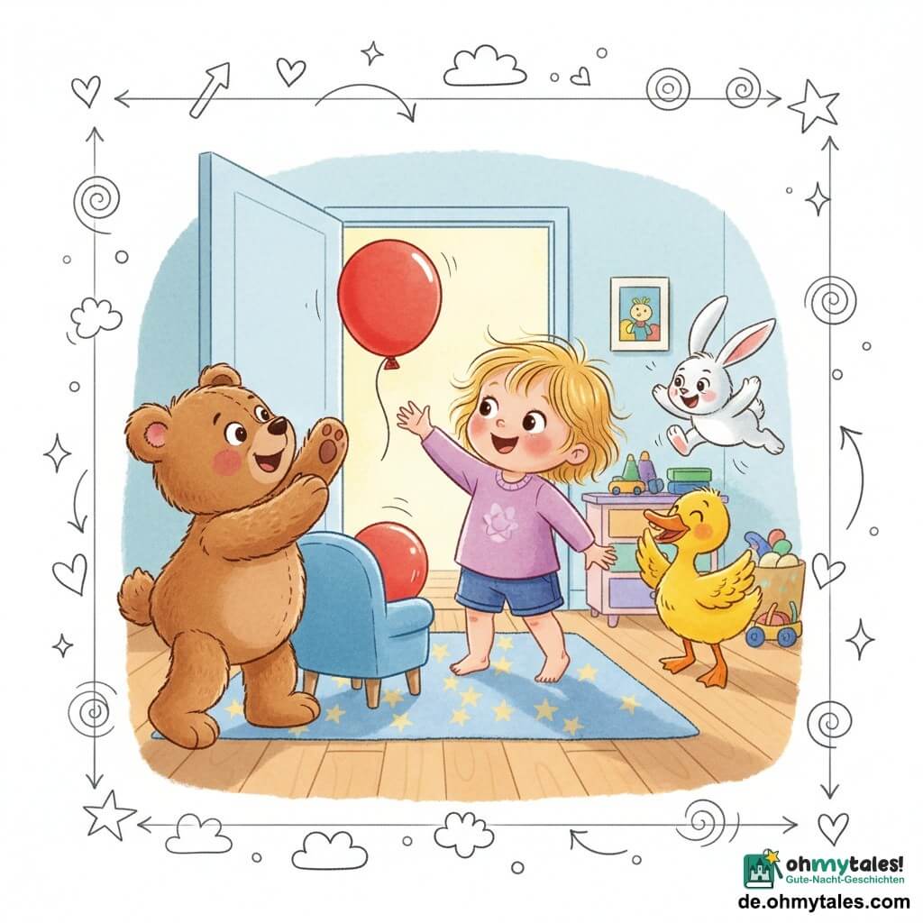 Ein zweijähriges Mädchen, glücklich und neugierig, mit blonden Strähnen, rosigen Wangen und lachenden Augen steht auf den Zehenspitzen und greift nach einem roten Ball; links steht der große braune Teddybär Bär Brumm mit weichem Fell und stupst den Ball mit der Pfote, rechts schlägt die gelbe Ente Ente Dada mit orangefarbenem Schnabel fröhlich mit den Flügeln, hinter dem Mädchen hüpft der weiße Hase Hops mit langen, flexiblen Ohren und schelmischem Blick; sonniges Kinderzimmer mit sternemustergem Teppich, pastellfarbener Kommode, geöffneter Tür, verstreutem Spielzeug, hellem Holzboden und warmer Lichtstimmung; der rote Ball ist unter einem kleinen blauen Sessel gerollt, die Freunde lachen und eilen mit dynamischen Gesten, fröhliche Szene in kräftigen Farben und überzeichneten Ausdrücken.