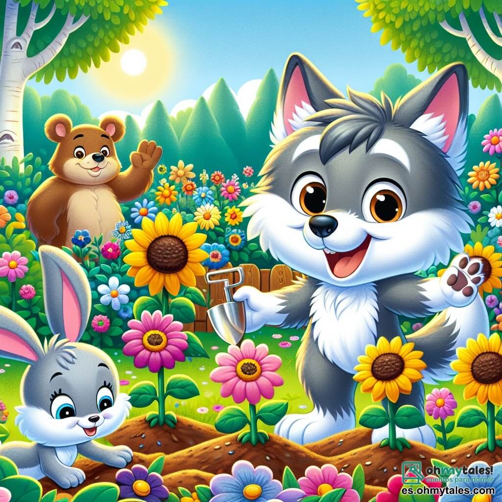 Un pequeño lobo de ojos brillantes y pelaje gris suave, sonriendo con entusiasmo, se encuentra en el centro de un jardín colorido, rodeado de flores vibrantes de todos los colores. Está plantando semillas de girasol en la tierra, con una expresión de alegría y determinación en su rostro. A su derecha, una pequeña coneja de grandes orejas y pelaje blanco, llamada Carla, lo mira con admiración, sosteniendo una pequeña pala de madera y sonriendo con orgullo. A su izquierda, un oso pardo robusto, llamado Pedro, se inclina para regar las plantas, mostrando una expresión de felicidad y amistad. El jardín está ubicado en el hermoso Bosque de la Amistad, donde el sol brilla a través de las hojas verdes de los árboles, iluminando las flores coloridas que bailan al viento. La escena principal muestra al pequeño lobo y sus amigos plantando flores juntos, celebrando la amistad y la igualdad, compartiendo risas y sonrisas en un ambiente alegre y acogedor.