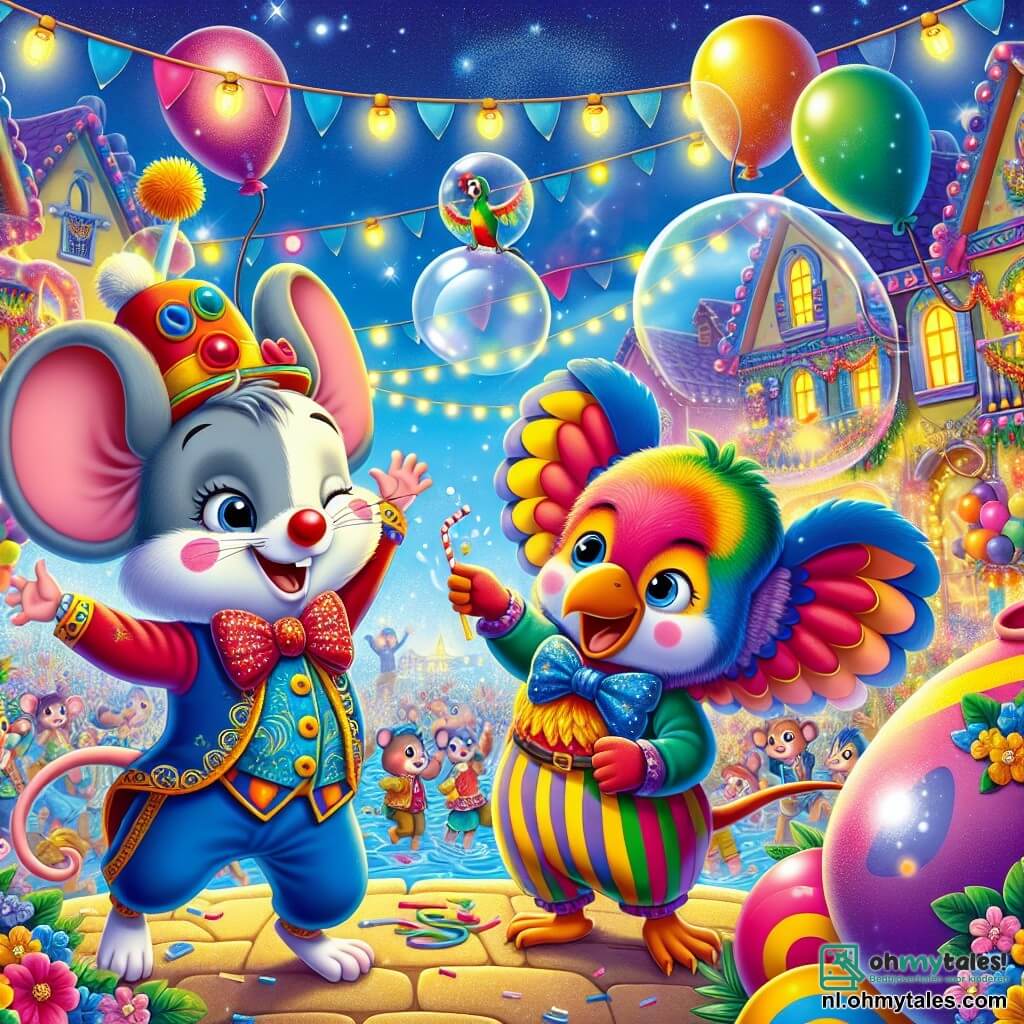 Max, een kleine muis in een clownkostuum met een grote rode neus en sprankelende ogen, danst vrolijk midden in een kleurrijke feest, omringd door ballonnen en slingers. Naast hem zingt een blije papegaai met kleurrijke veren, met een stralende glimlach, en moedigt de anderen aan om te dansen, zittend op een tak. Een grappige olifant met een vlinderdas blaast enorme zeepbellen die om hen heen zweven en de feeststemming verhogen. De locatie is een betoverend dorp, vol kleurrijke versieringen, met huizen met hellende daken en stralende bloemen langs de straten. Schitterende lantaarns verlichten de blauwe lucht en creëren een magische sfeer. De hoofdscene toont Max en zijn vrienden die volop aan het dansen zijn, omringd door lachen en muziek, samen het carnaval vierend in een explosie van kleuren en vreugde.