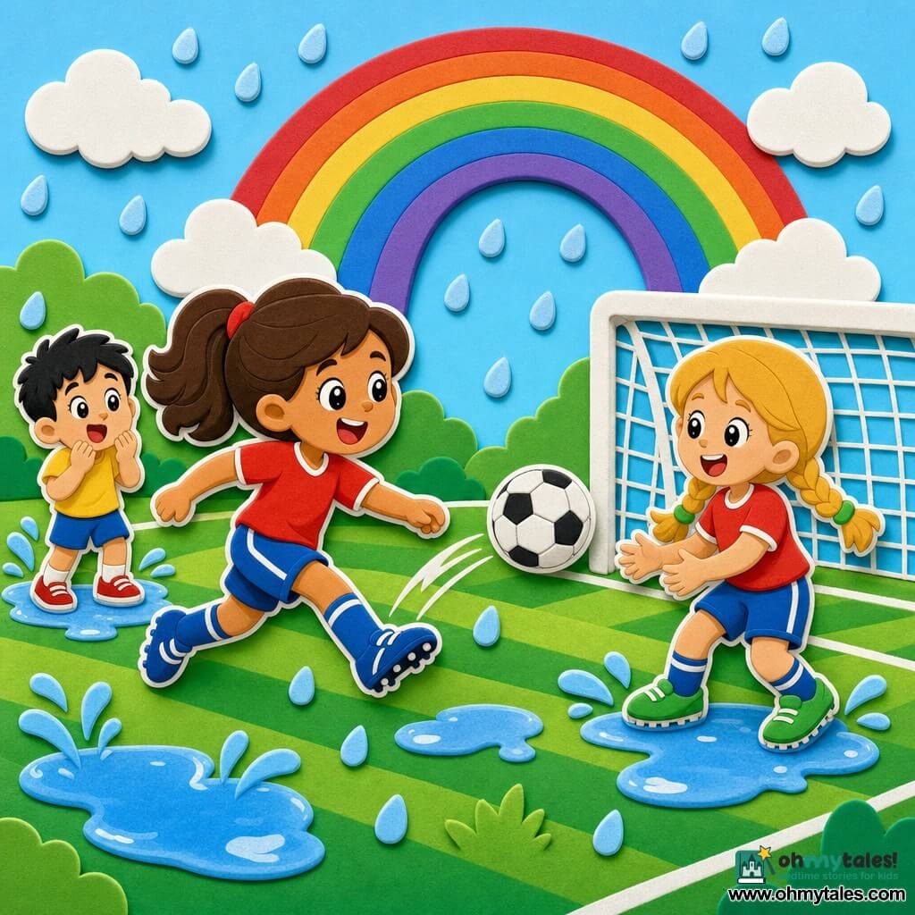 A joyful female footballer with a round face and bright eyes, brown hair in a ponytail, wearing a red jersey with her name, blue shorts and cleats, running to pass the ball to a teammate; Lily, about 9, blond braids, focused and happy, receiving the ball near the goal to the right, wearing green shoes; Tim, about 6, previously shy now delighted, short black hair and an amazed expression, standing at the field side then running to join, slightly behind; setting: large vivid green pitch with striped grass, clean white lines, soft clouds, translucent raindrops and shiny puddles; scene: a friendly match in light rain with players laughing and splashing, a colorful rainbow overhead, simple composition, rounded shapes, primary color contrasts, thick matte textures like EVA foam stickers.