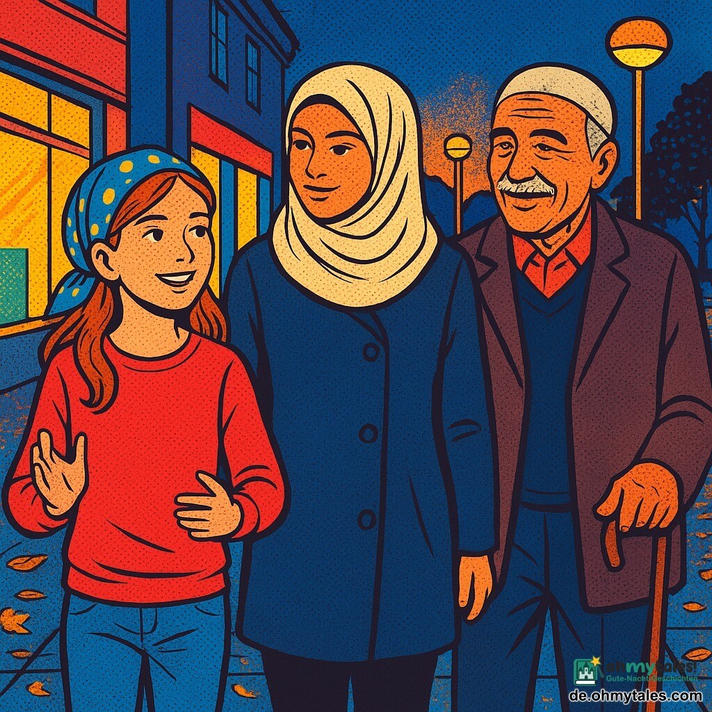 Mila, 12, mit sanftem, sommersprossigem Gesicht und brünetten Haaren, trägt ein kleines blaues Halstuch mit gelben Punkten, geht lächelnd und neugierig mit leicht erhobenen Händen; Aylin, ~13, türkischer Herkunft, olivfarbene Haut, helles Kopftuch und dunkler Mantel, schreitet ruhig und beschützend neben ihr; Herr Yilmaz, ~75, türkischer Herkunft, gebräunte helle Haut, grauer Schnurrbart, stützt sich auf einen Stock und lächelt warm zwischen den beiden; sie gehen gemeinsam bei Dämmerung auf einem gehweg mit gelben Laternen, beleuchteten Schaufenstern und nassem Laub, warme pastellige, gesättigte Farben, klare Kontraste im Pop-Art-Stil, scharfe Silhouetten, dicke schwarze Konturen, sichtbare Stofftexturen und Lichtreflexe auf nassen Pflastersteinen, Stimmung von Toleranz und Zusammenhalt.