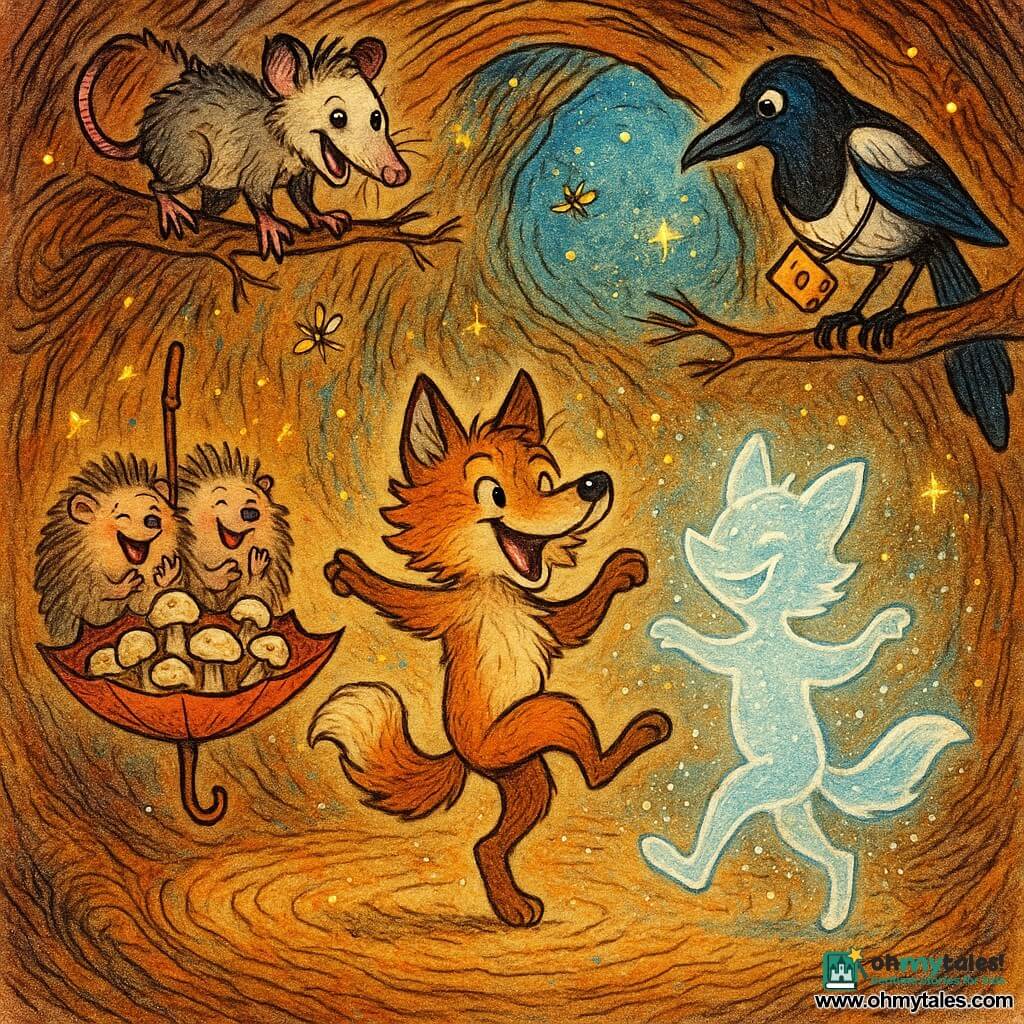 Moss, a joyful young wolf with toasted-bread colored fur, bright puddle-like eyes and a very fluffy tail, spins mid-dance inside a hollow tree trunk while his echo, a translucent shimmering silhouette, mirrors the step slightly ahead and more airy; Pip and Pop, two laughing twin hedgehogs with rounded quills, clap to his left holding an overturned umbrella of marzipan mushrooms; Pippa the tit hangs upside down from a branch above laughing and Jinx, a cheeky black-and-blue magpie wearing a paper-cheese necklace, perches nearby tilting her head; the vast hollow tree is a round chamber of spiral-textured bark lit by moonlight with flying fireflies and a gentle shower of glowing sparkles, creating a whimsical, humorous scene of Moss and his echo whirling under a rain of sparks surrounded by delighted friends in vivid ink-like colors, expressive strokes and clean outlines.