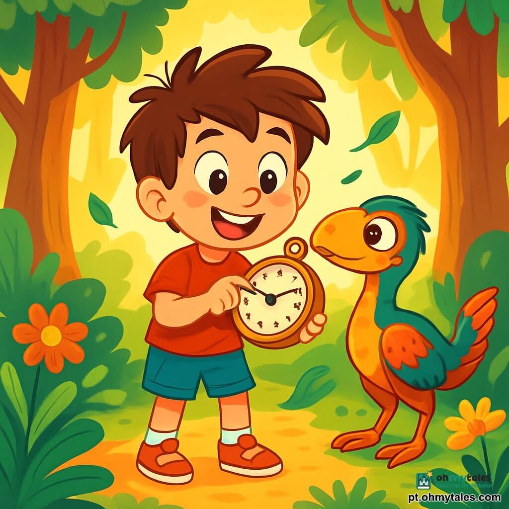 Um menino de 6 anos, Tomás, com cabelos castanhos bagunçados e olhos brilhantes de curiosidade, está no centro da imagem, segurando um antigo e brilhante relógio nas mãos. Seu rosto expressa maravilha e excitação, com um grande sorriso e bochechas rosadas. Ao seu lado, um dinossauro amigável, um pequeno velociraptor de penas coloridas, o observa com olhos curiosos, pronto para acompanhá-lo na aventura. O cenário é uma floresta pré-histórica vibrante, com árvores gigantes de troncos grossos e folhas exuberantes, iluminadas pela luz dourada do sol nascente. Flores vibrantes e samambaias cercam Tomás, adicionando um toque de magia ao ambiente. A cena principal mostra Tomás, maravilhado, girando os ponteiros do relógio, enquanto uma leve brisa levanta suas roupas e faz algumas folhas voarem ao seu redor, criando uma atmosfera de aventura e mistério.