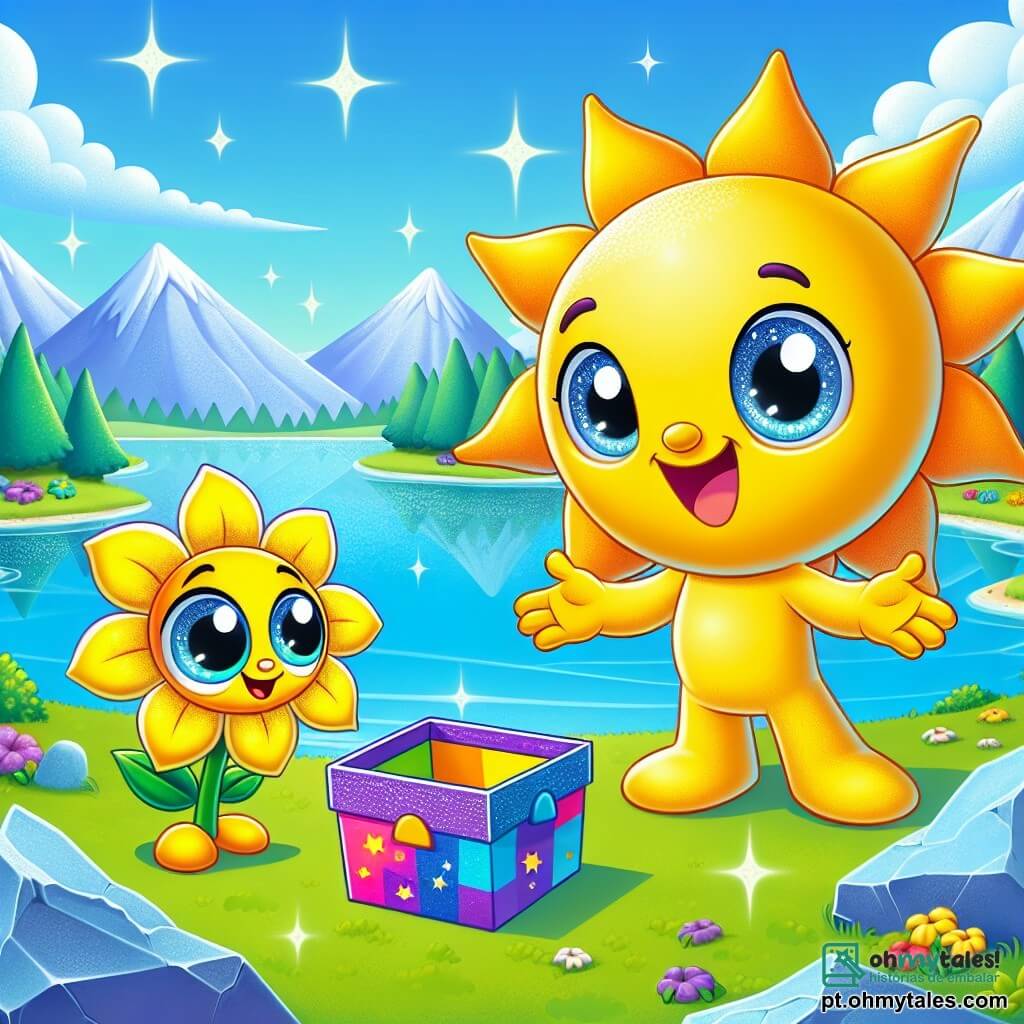 Solinha, um pequeno sol de pelúcia amarelo com um grande sorriso e olhos brilhantes, está de pé diante de uma grande pedra azul, com os braços abertos, cheia de excitação. Ao seu lado, Florinha, uma flor amarela com pétalas delicadas, se inclina para frente com olhos curiosos, suas pétalas levemente tremulando, como se compartilhasse o entusiasmo de Solinha. Ao fundo, um lago cintilante reflete o céu azul, cercado por árvores verdes e uma brisa suave que faz as folhas dançarem. A cena transmite uma atmosfera de aventura alegre, enquanto Solinha e Florinha descobrem uma misteriosa caixa colorida no chão, pronta para revelar um tesouro escondido.