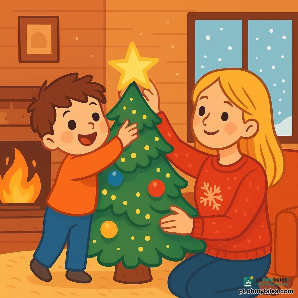 Um menino de 4 anos, com cabelos castanhos bagunçados e olhos brilhantes de alegria, está em frente a um grande pinheiro de Natal. Ele sorri maravilhado, com as bochechas rosadas iluminadas pelas luzes das guirlandas cintilantes. Sua mãe, uma mulher gentil de cerca de 30 anos, com cabelos longos e loiros, está sentada no sofá ao lado dele, mostrando como pendurar uma estrela brilhante no pinheiro. Ela usa um suéter vermelho com estampas de flocos de neve. O ambiente é acolhedor, com paredes de madeira e um tapete macio. Uma lareira crepita, projetando uma luz dourada nas decorações de Natal. Flocos de neve caem suavemente do lado de fora, visíveis pela janela. O menino, todo animado, estende a mão para colocar a estrela cintilante no topo do pinheiro, criando um momento mágico de Natal cheio de luz e amor.