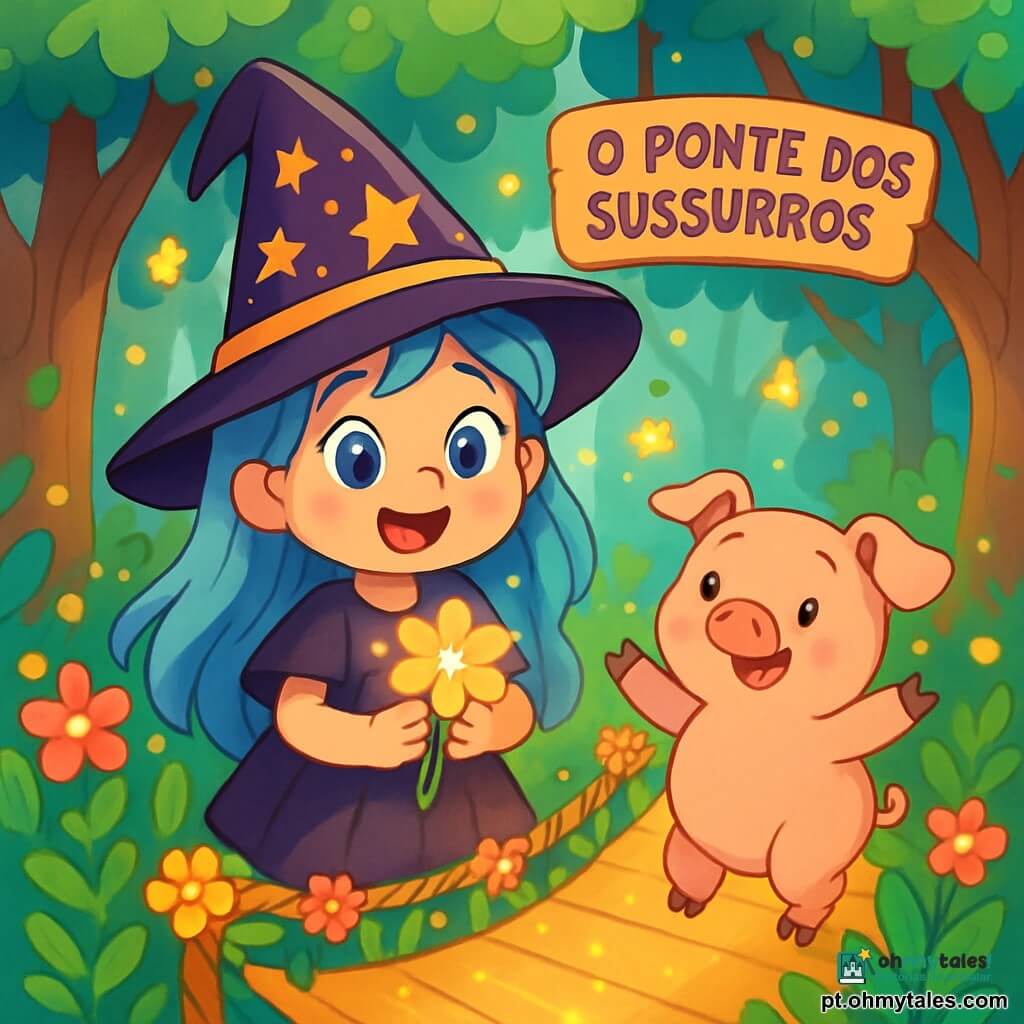 Uma pequena bruxa chamada Lila, com cerca de 8 anos, está no centro da cena. Ela tem cabelos longos e ondulados de cor azul celeste, olhos brilhantes como estrelas e usa um chapéu pontudo adornado com estrelas douradas. Lila sorri amplamente, cheia de excitação e curiosidade, enquanto segura uma flor luminosa em suas mãos. Ao seu lado, um travesso porquinho chamado Pim, um adorável porquinho rosa com grandes olhos redondos e orelhas caídas, salta alegremente, parecendo muito entusiasmado. O cenário é uma floresta encantada, com grandes árvores de troncos retorcidos e folhas cintilantes sob a luz do sol. Flores coloridas crescem ao redor e vagas de vaga-lumes dançam no ar, adicionando um toque de magia. A situação principal mostra Lila e Pim se preparando para atravessar a Ponte dos Sussurros, uma passarela feita de cipós e flores, que parece vibrar de energia. Lila canta uma doce melodia enquanto a ponte se ilumina, pronta para levá-los a novas aventuras.