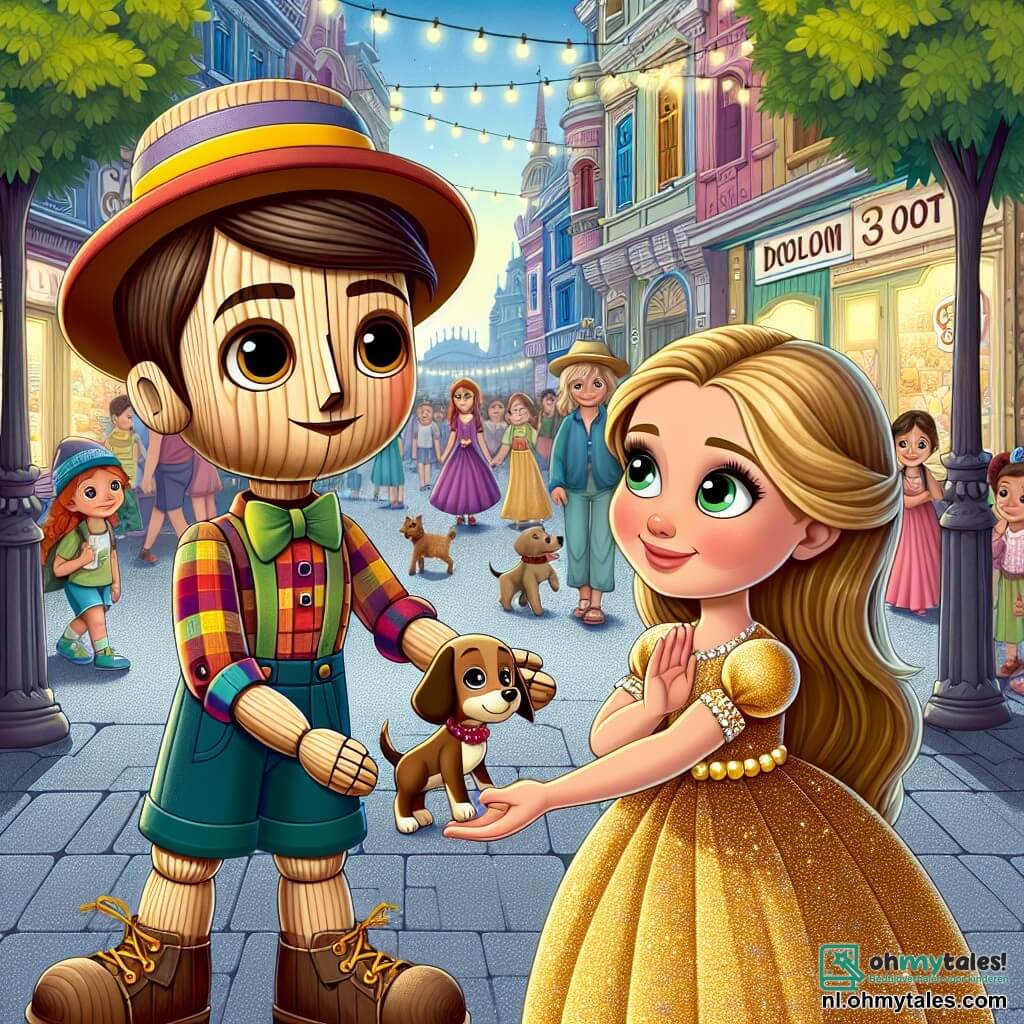 Pinocchio, een jonge houten jongen met een gladde, glanzende huid, nieuwsgierige ogen en een grote vastberadenheid op zijn gezicht, staat in het midden van de afbeelding. Hij draagt een kleurrijke hoed en een geruite shirt, terwijl hij zijn hand uitsteekt om een verloren hondje te helpen. Naast hem kijkt Mia, een meisje van ongeveer 8 jaar met lange blonde haren en een glinsterende gouden jurk, naar Pinocchio met hoopvolle ogen, haar gezicht verlicht door een glimlach van dankbaarheid. Ze staat iets op de achtergrond en houdt een kralenketting vast die toebehoorde aan haar hond. De achtergrond toont een drukke straat in een grote stad, met hoge gebouwen in felle kleuren, fonkelende straatlantaarns en nieuwsgierige voorbijgangers die de scène observeren. Bomen langs de straat voegen een vleugje groen toe aan de stedelijke omgeving. De belangrijkste situatie toont Pinocchio en Mia die op zoek zijn naar het verloren hondje, wat een moment van vriendschap en samenwerking illustreert, met een vrolijke en hoopvolle sfeer.